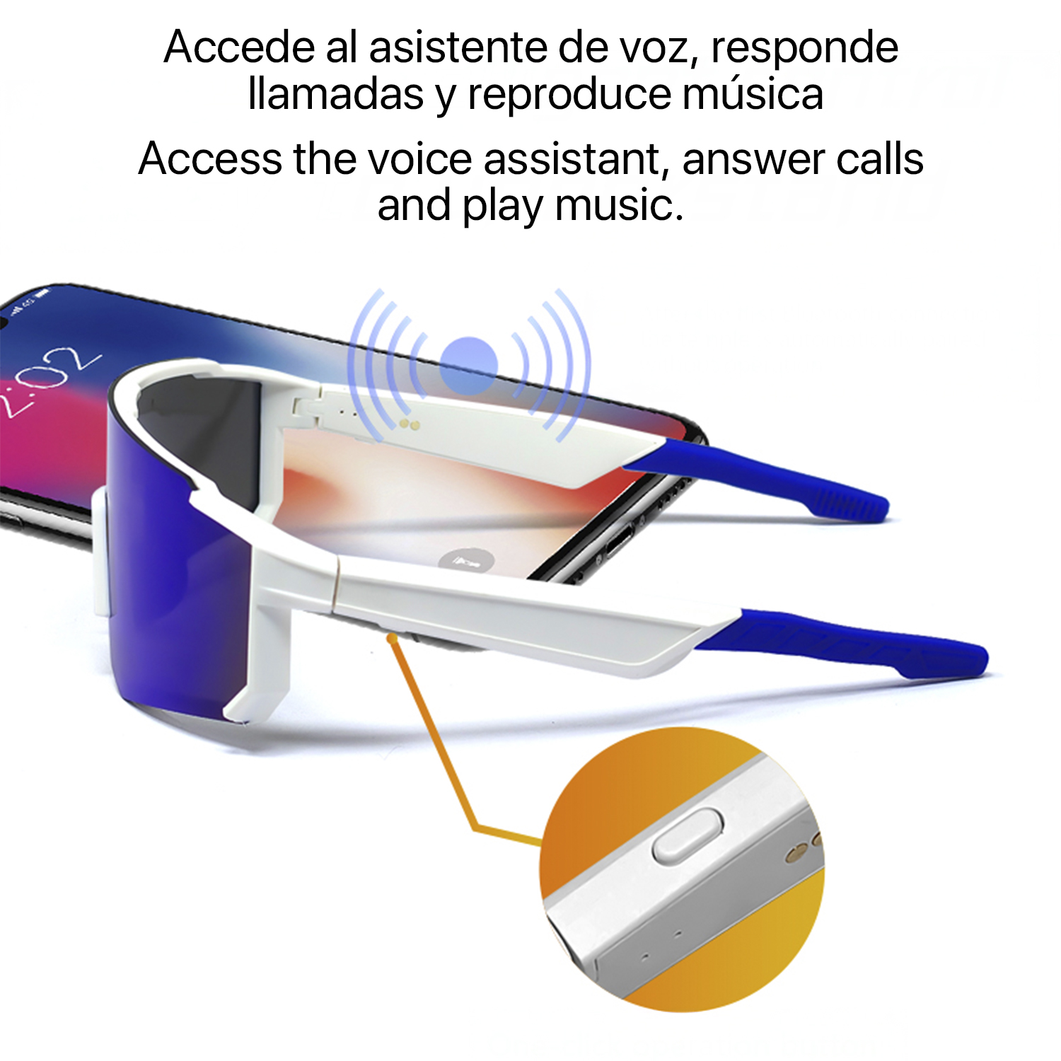 Occhiali intelligenti su un telefono, con dettaglio del pulsante. Il testo dice: 'Accedi all'assistente vocale, rispondi alle chiamate e riproduci musica.'