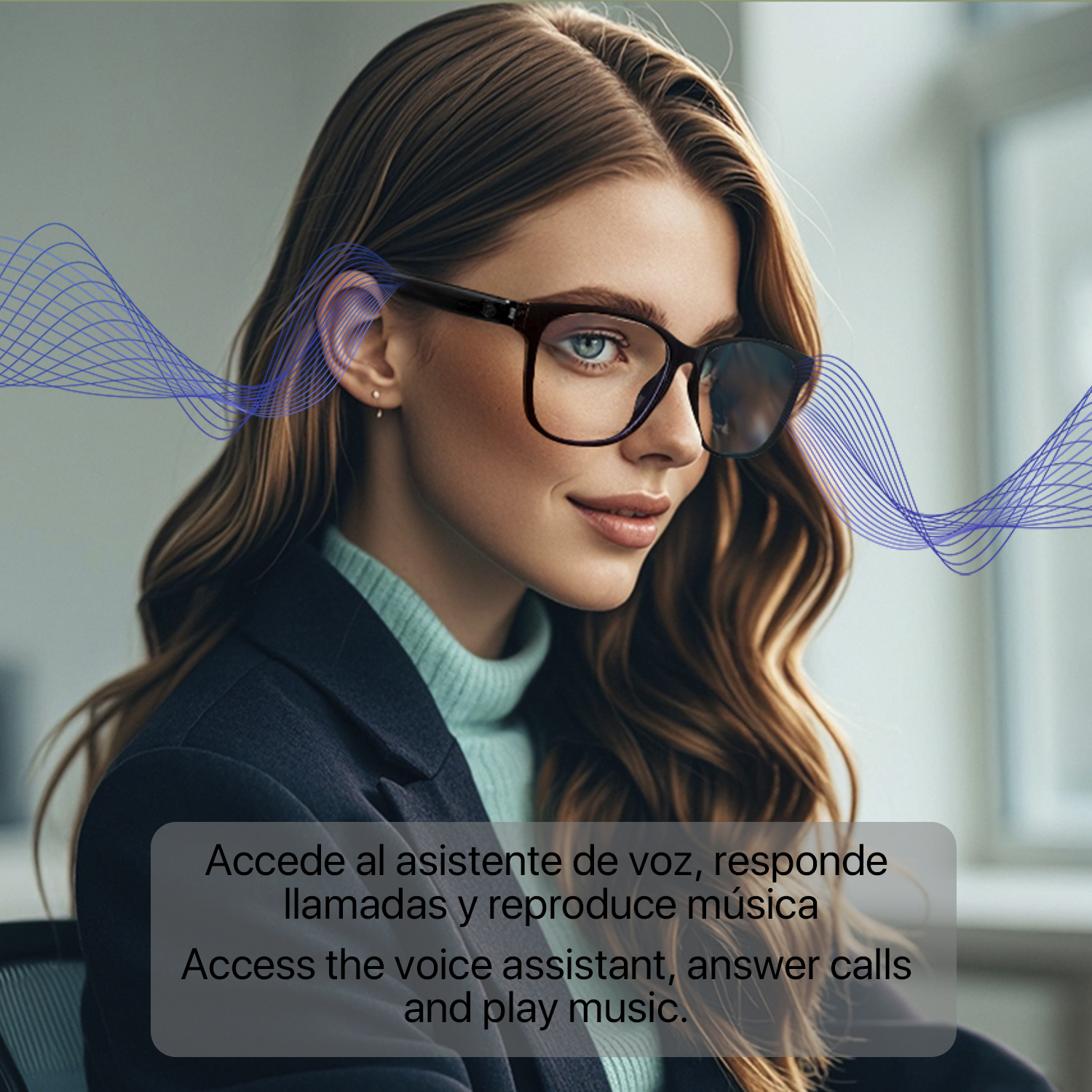 Una donna con occhiali e capelli mossi. Onde sonore blu emanano dall'orecchio. Testo: assistente vocale, rispondere alle chiamate, riprodurre musica.