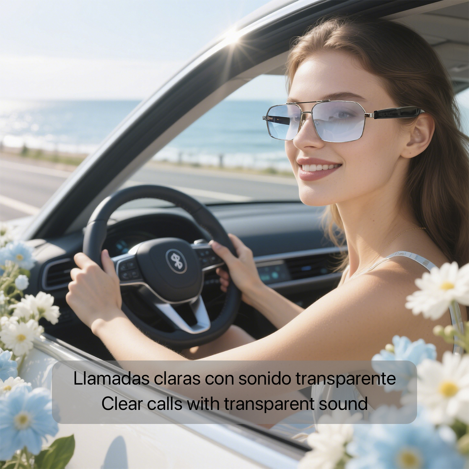 Donna che guida un'auto, con gli occhiali. Il mare sullo sfondo, fiori intorno all'auto. Testo: Chiamate chiare con suono trasparente.