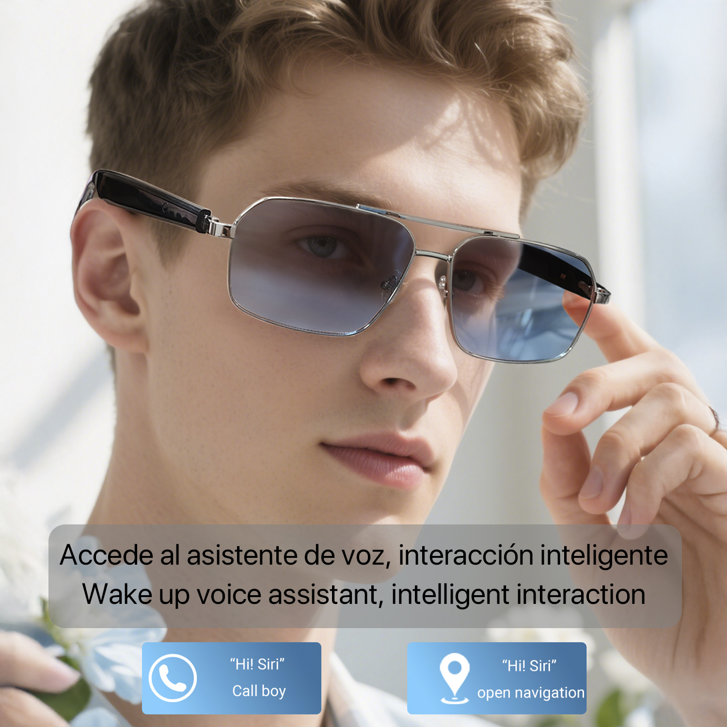 Un uomo con occhiali da sole. Il testo dice 'Attiva assistente vocale, interazione intelligente'. Due icone con 'Hi! Siri' e funzioni.