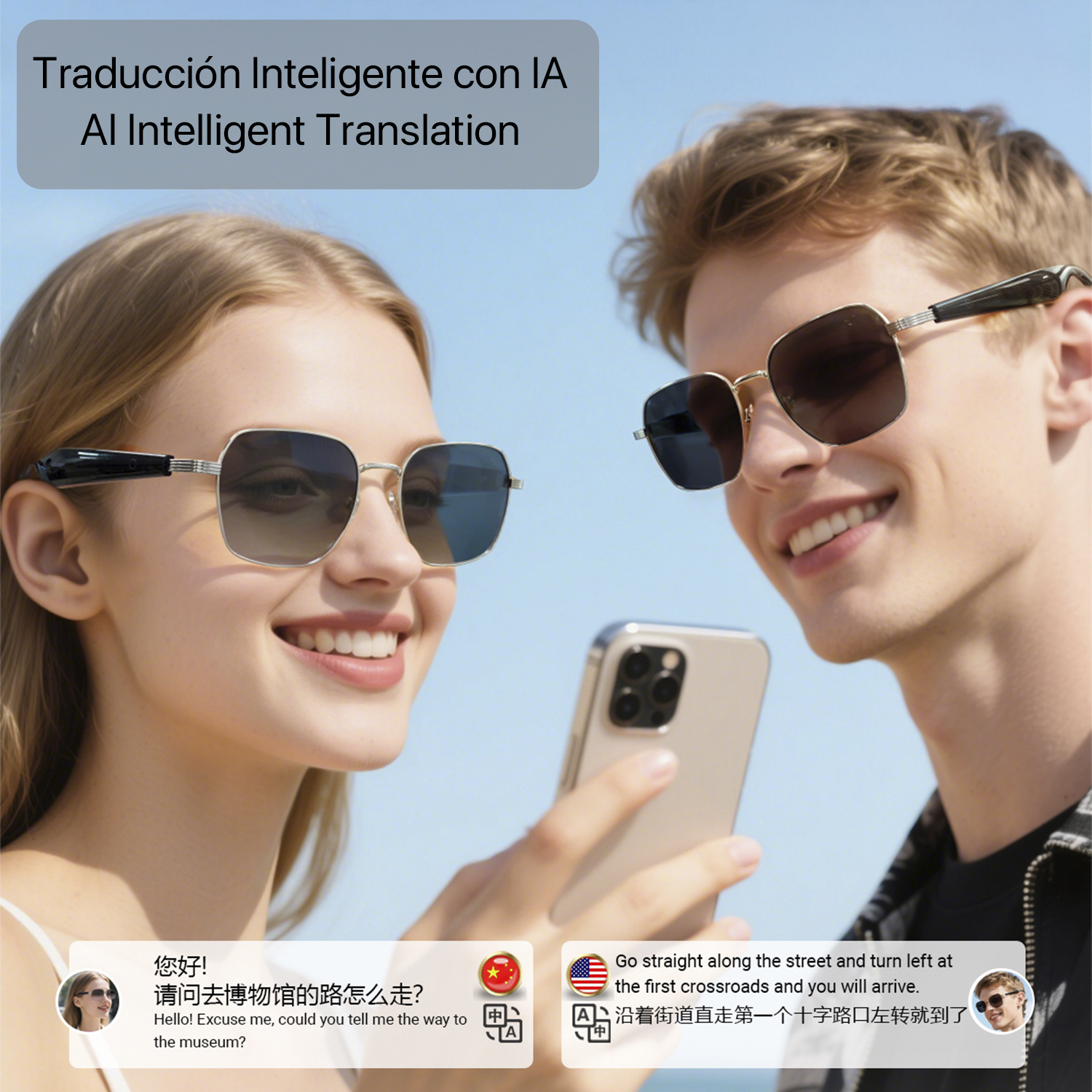 Due persone con occhiali da sole guardano un telefono. Il testo in alto dice traduzione AI. Le nuvolette mostrano le istruzioni.