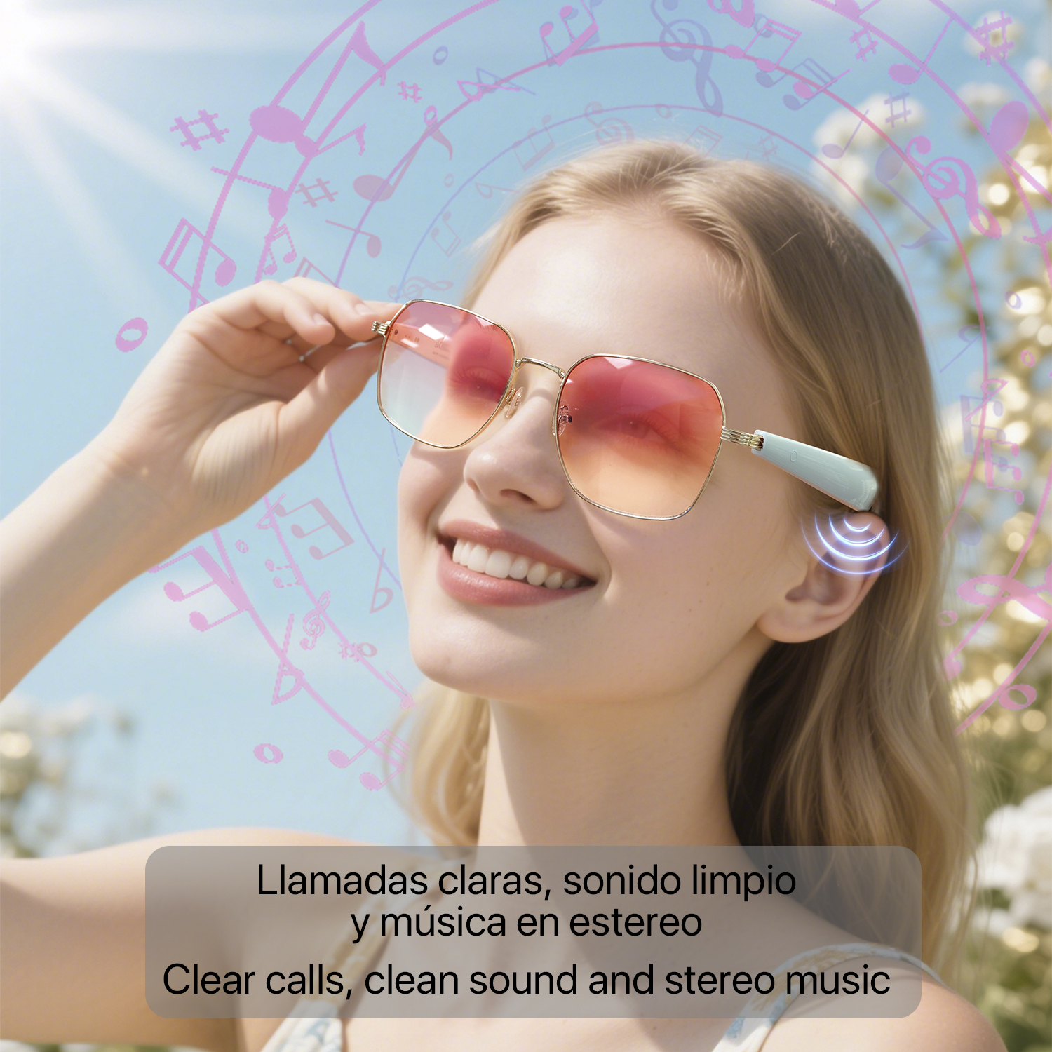 Donna bionda con occhiali da sole, sorridente. Note musicali rosa sovrapposte. Il testo dice: 'Chiamate chiare, suono pulito e musica stereo'.