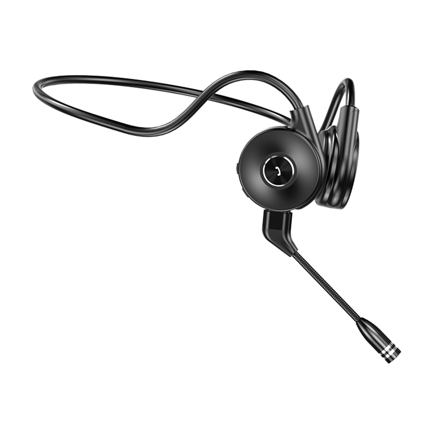 Cuffie wireless nere con fascia curva e microfono a braccio. Il design è moderno, su sfondo bianco.