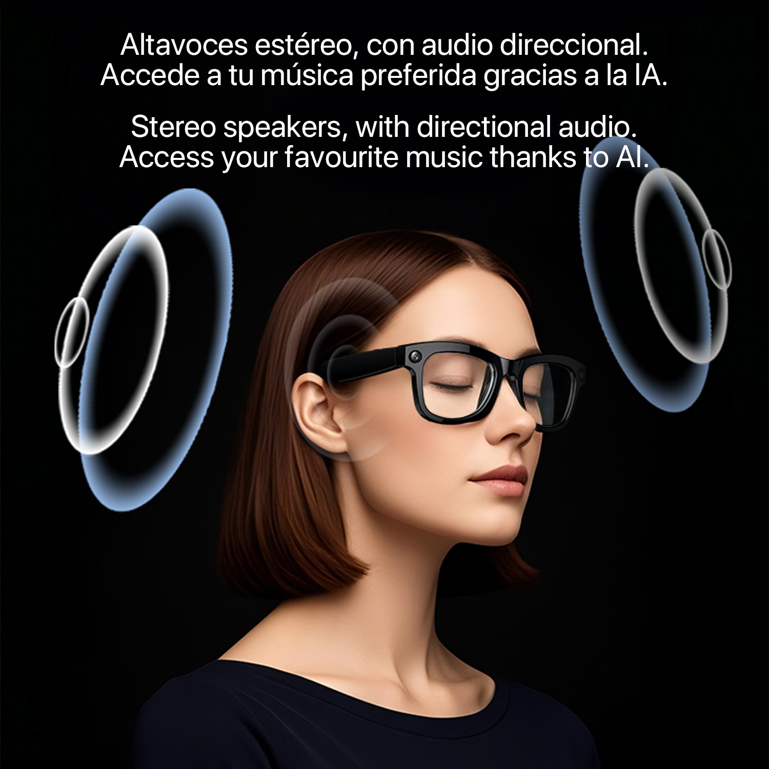 Donna con occhiali, occhi chiusi, con onde sonore. Sfondo nero. Testo sugli altoparlanti stereo e l'accesso alla musica AI.