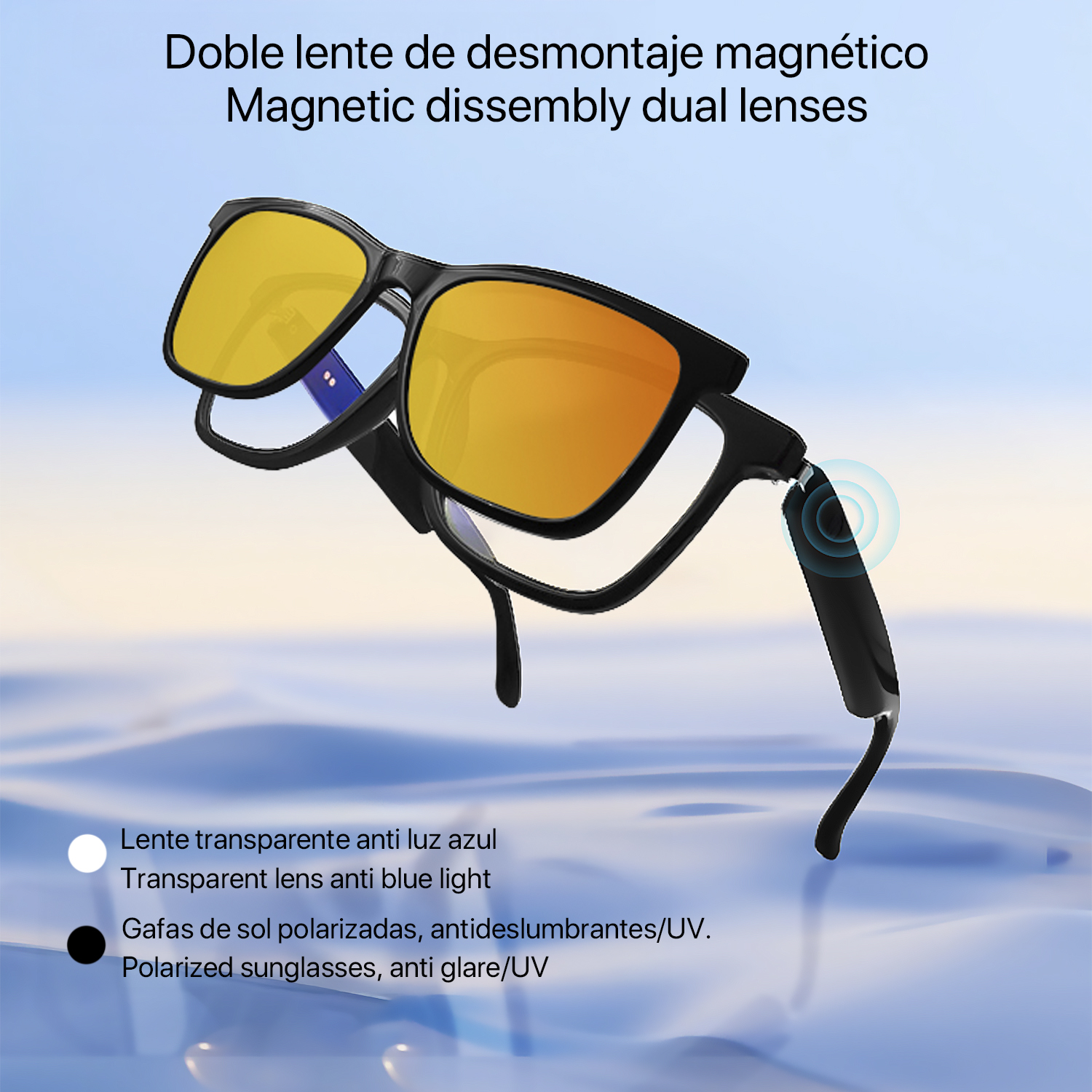Sono mostrati occhiali da sole neri con lenti gialle. Il testo descrive le doppie lenti e i tipi di lenti: anti luce blu trasparente e occhiali da sole polarizzati.