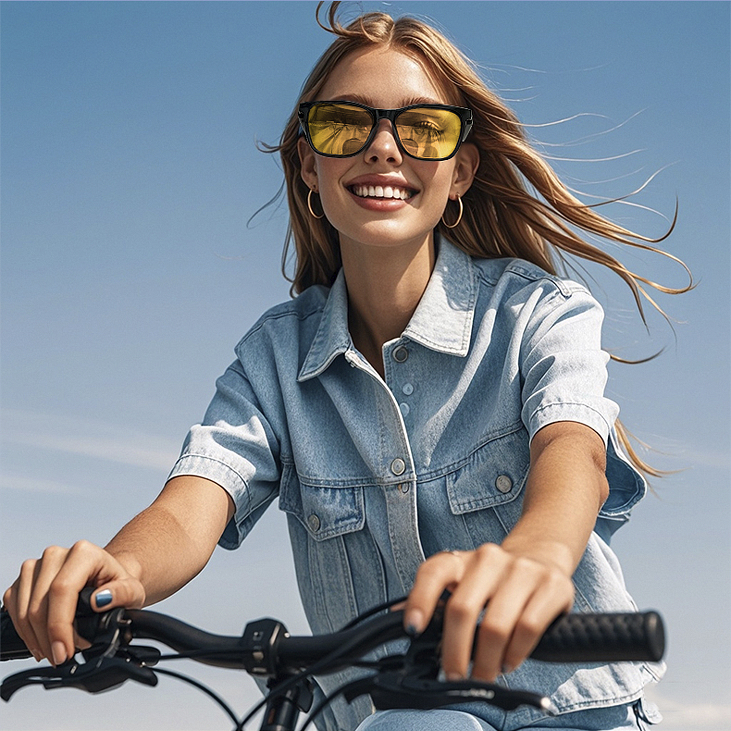 Una donna bionda con occhiali da sole gialli e giacca di jeans va in bicicletta con cielo blu sullo sfondo.