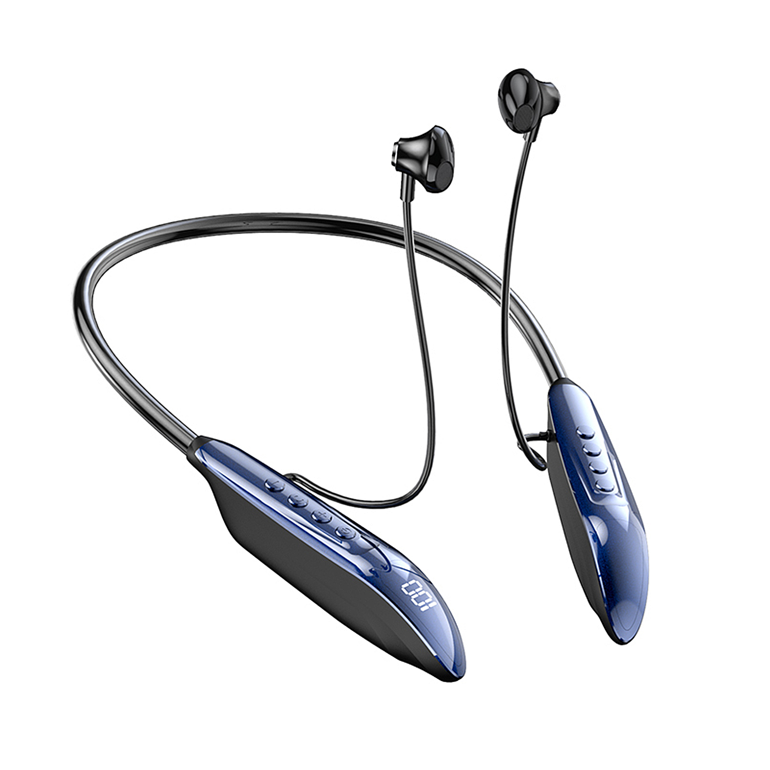 Un auricolare Bluetooth a fascia da collo blu e nero. Gli auricolari sono neri. La fascia da collo ha pulsanti e un display digitale.