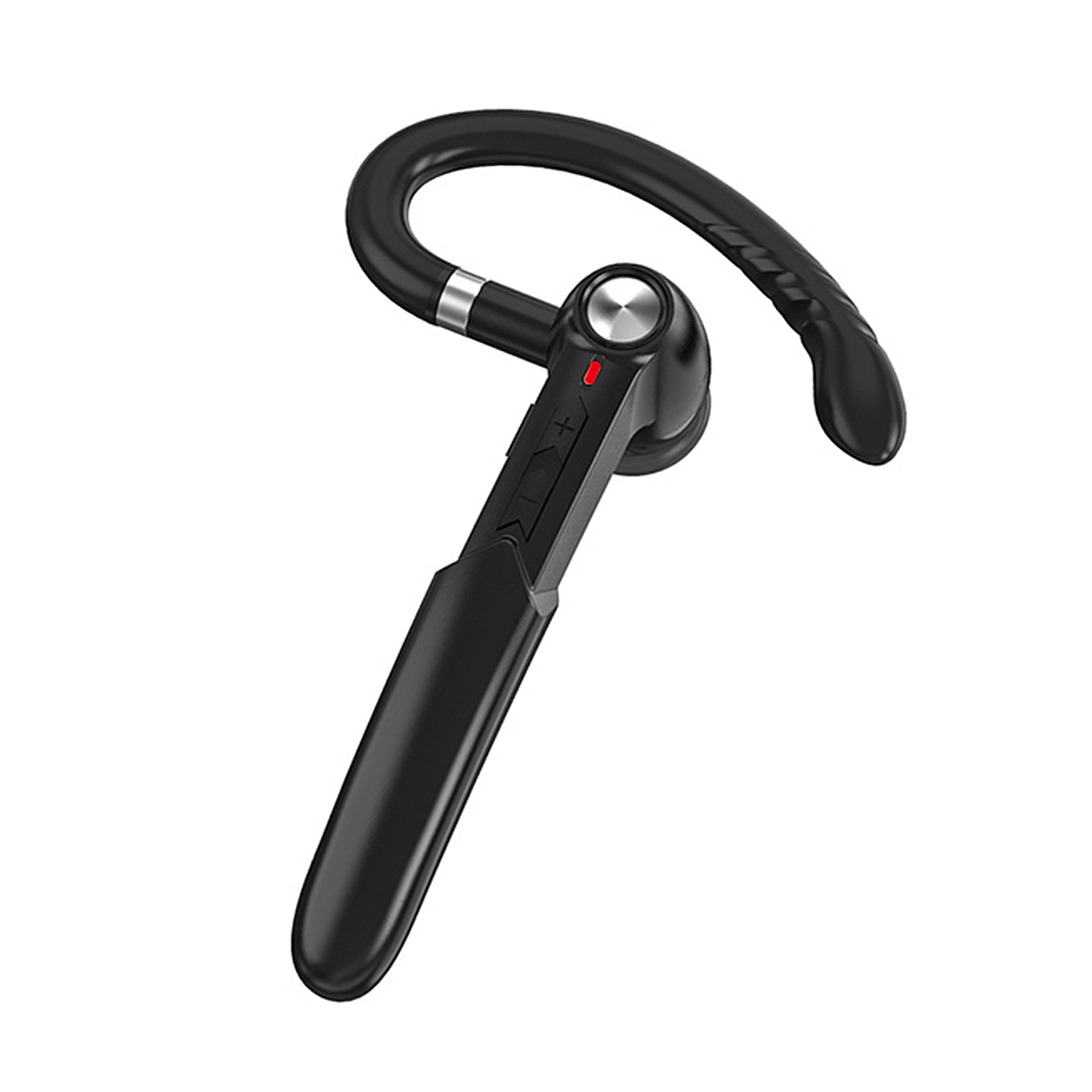Un auricolare Bluetooth nero con un gancio per l'orecchio curvo, un pulsante e un lungo stelo. Una luce rossa è visibile.