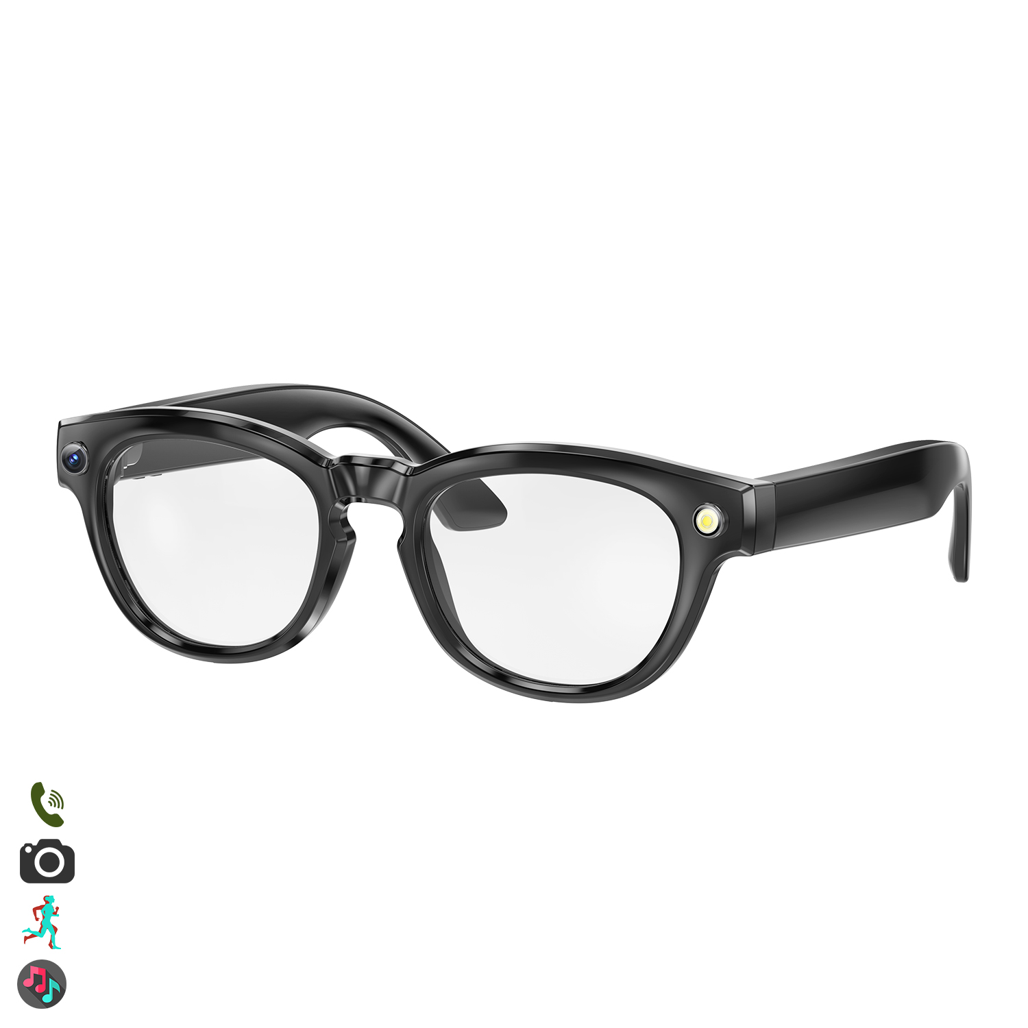 Occhiali intelligenti neri con lenti trasparenti. Dotati di fotocamera e luce. Sono presenti icone per chiamate, fotocamera, attività e musica.
