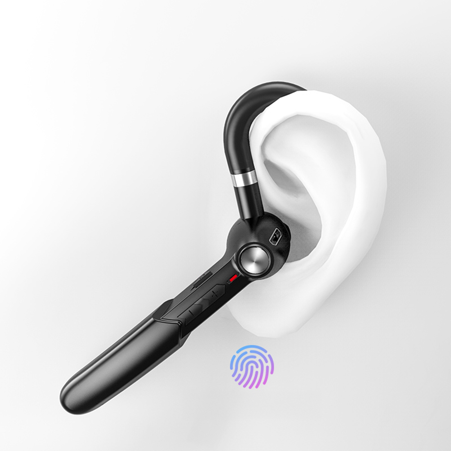 Un auricolare Bluetooth nero accanto a un orecchio bianco. Un'icona di impronta digitale in basso. Lo sfondo è bianco.