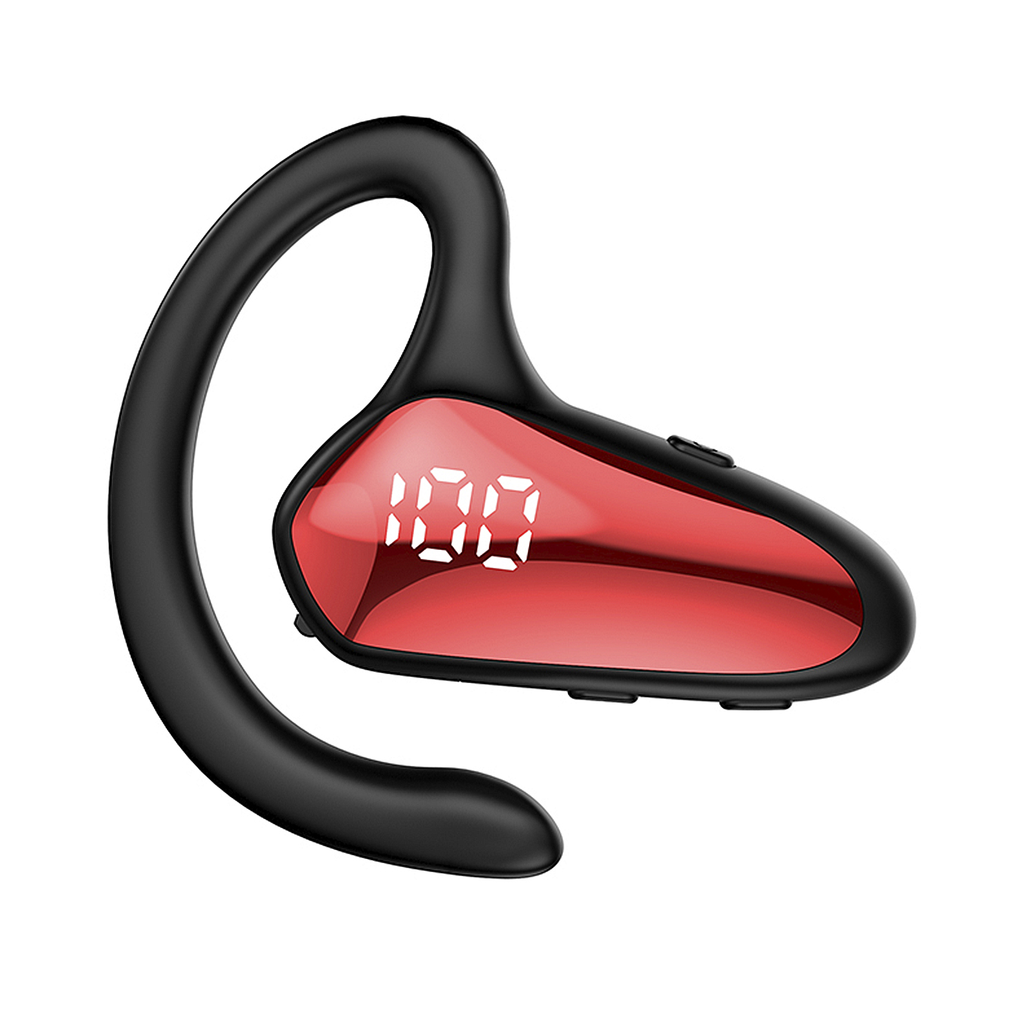 Un auricolare nero e rosso. L'auricolare ha un design curvo, con un display rosso che mostra il numero 100.