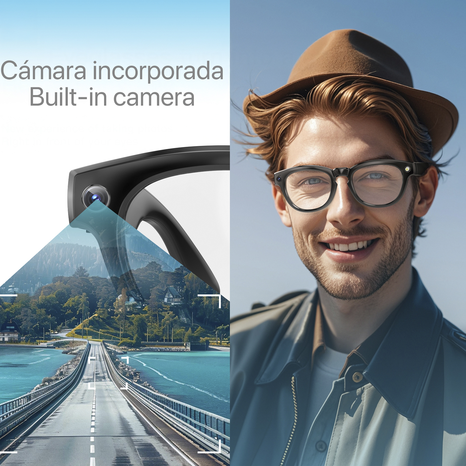 Uomo con occhiali con fotocamera integrata, sorridente. Lo sfondo mostra un ponte sull'acqua. L'inserto mostra la vista della fotocamera.