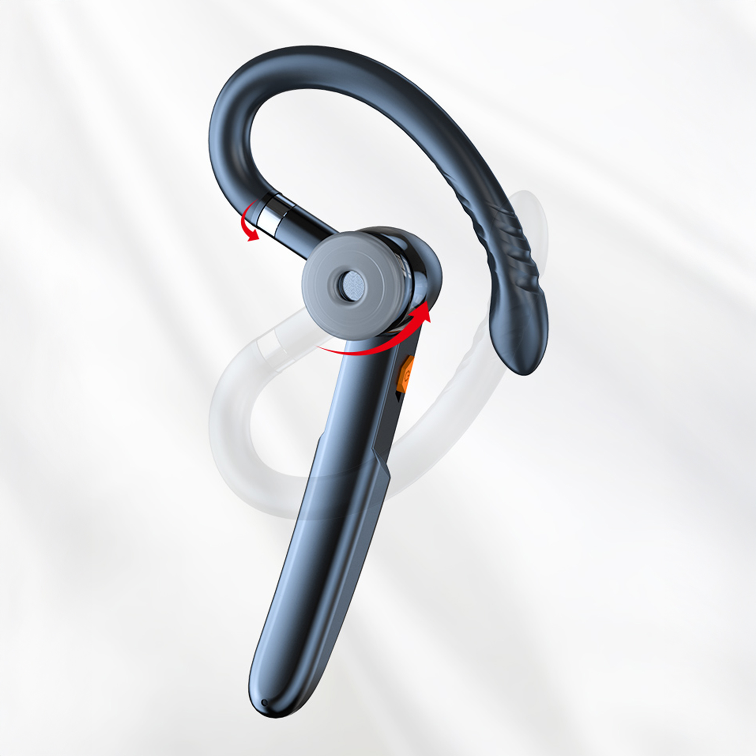 Un auricolare wireless blu scuro con gancio per l'orecchio curvo. Frecce rosse indicano i punti di rotazione. Sfondo bianco con ombre morbide.