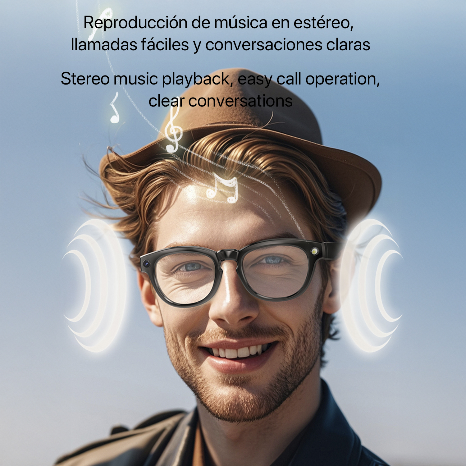 Un uomo con occhiali e cappello sorride, con onde sonore che emanano dai lati della testa. Testo sulla musica stereo.