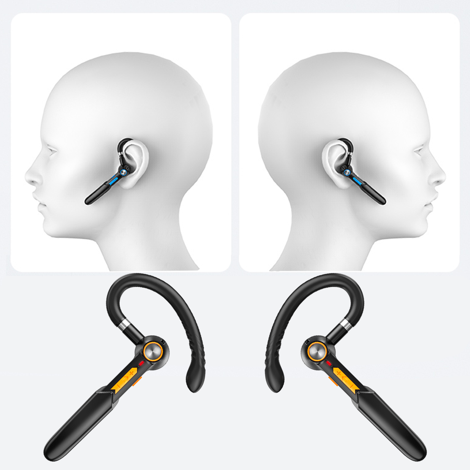 L'immagine mostra un auricolare su una testa di manichino bianca e due auricolari. Gli auricolari sono neri e hanno dettagli arancioni e blu.