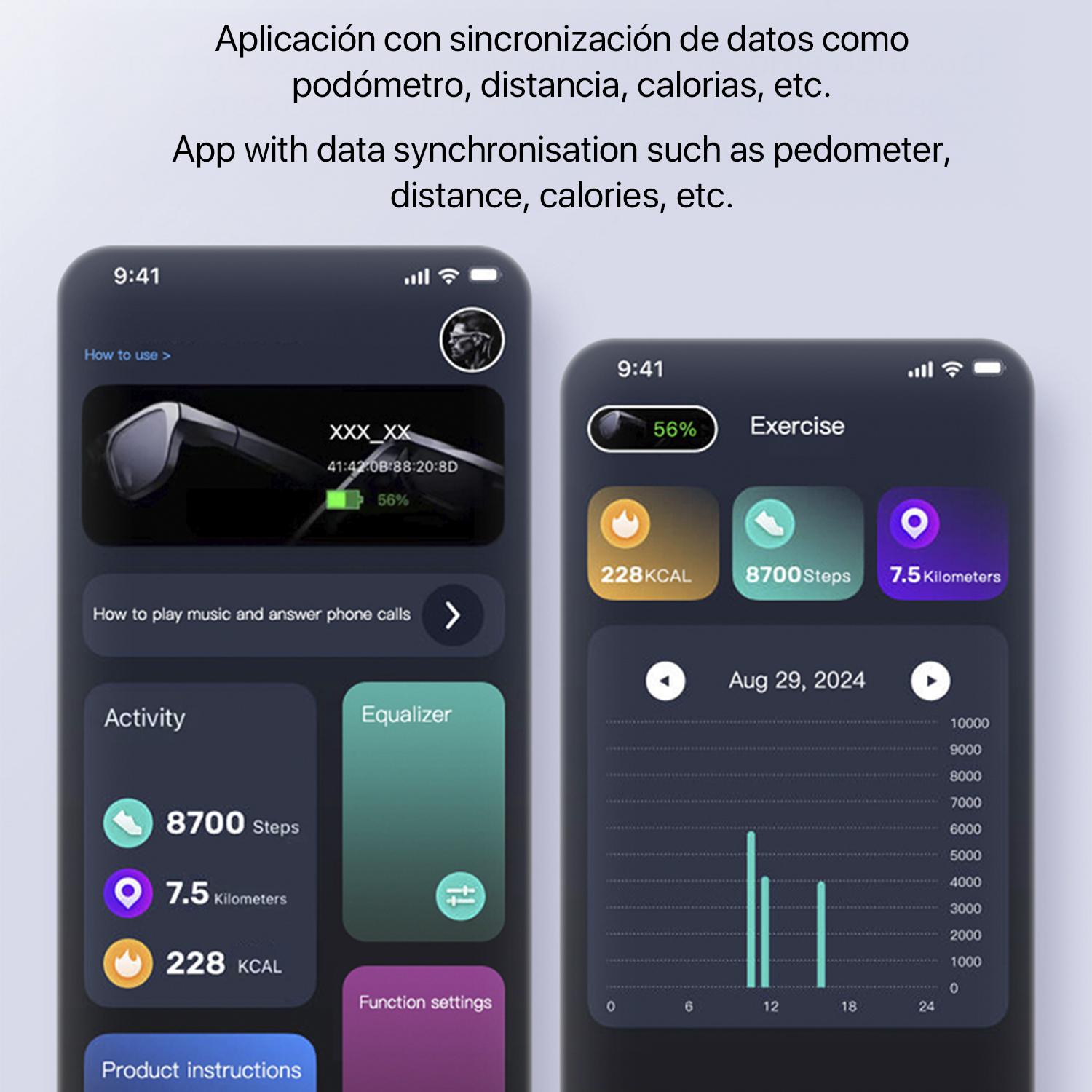Due smartphone mostrano i dati dell'app fitness: passi, distanza, calorie e un grafico dei livelli di attività.