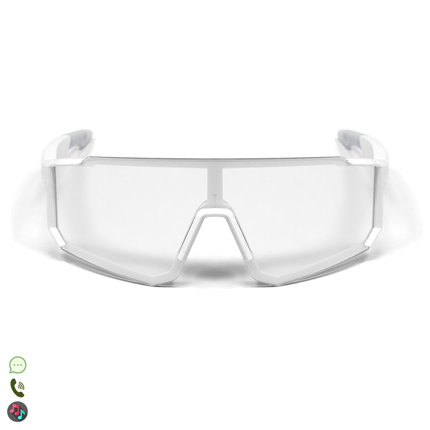 Occhiali da sole sportivi bianchi con lenti trasparenti. La montatura è spessa e angolare, con un ponte e aste prominenti. Sfondo bianco.