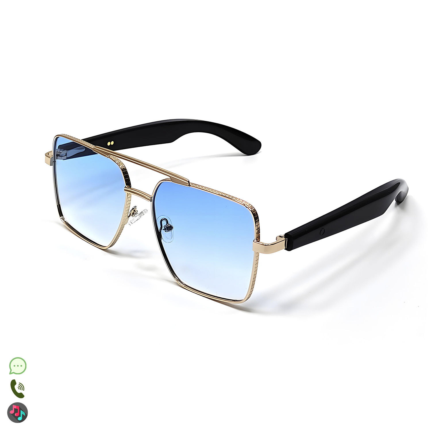 Occhiali da sole con montatura dorata, lenti sfumate blu e aste nere su sfondo bianco.