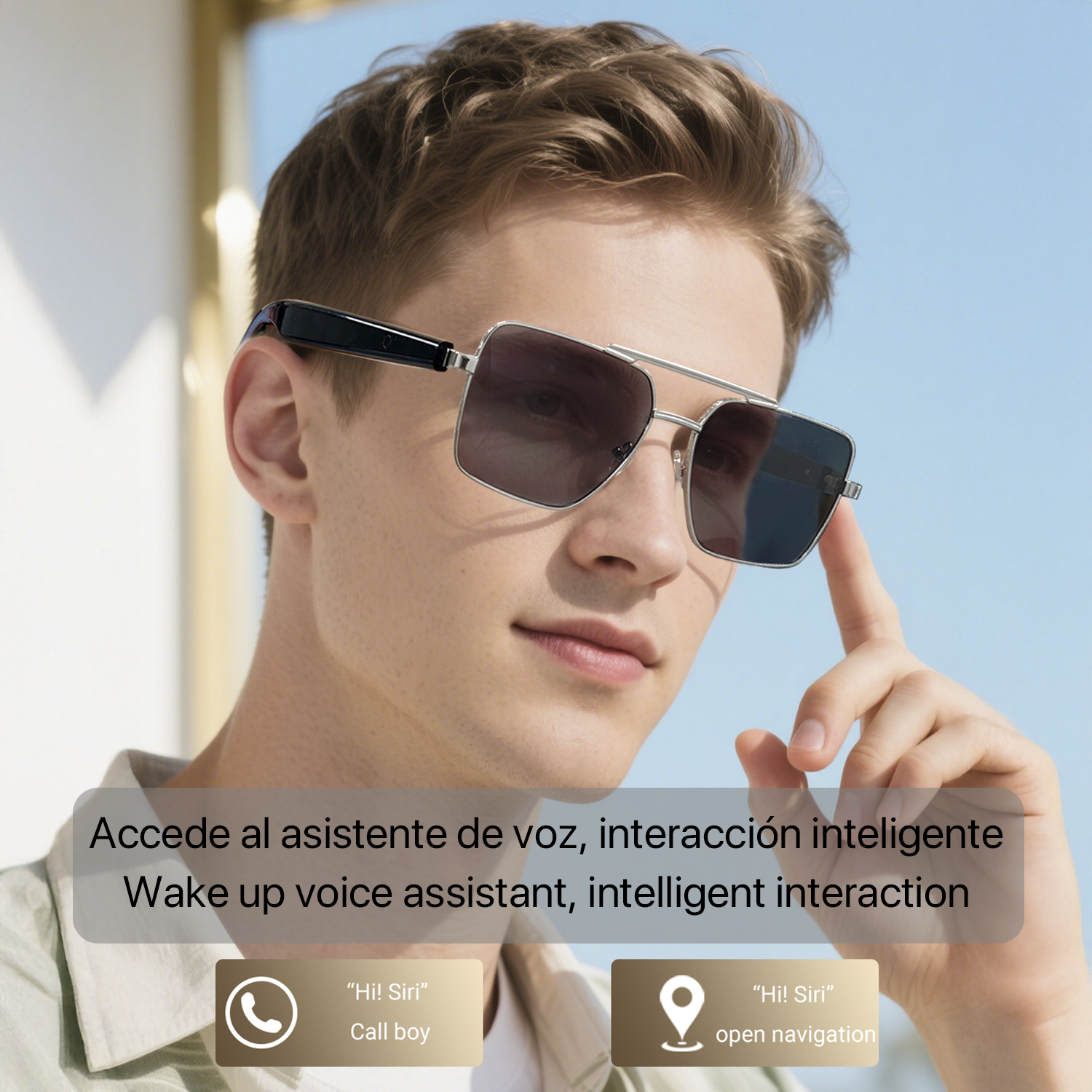 Un uomo con occhiali da sole. Testo: Attiva l'assistente vocale, interazione intelligente. Icone di chiamata e navigazione.