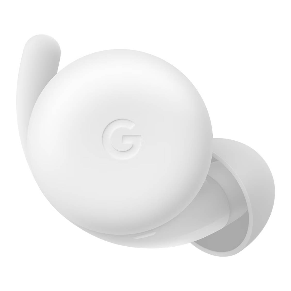 Un auricular Google Pixel blanco. El auricular tiene forma redondeada con el logo 'G'. Tiene una pequeña aleta y punta para la oreja.