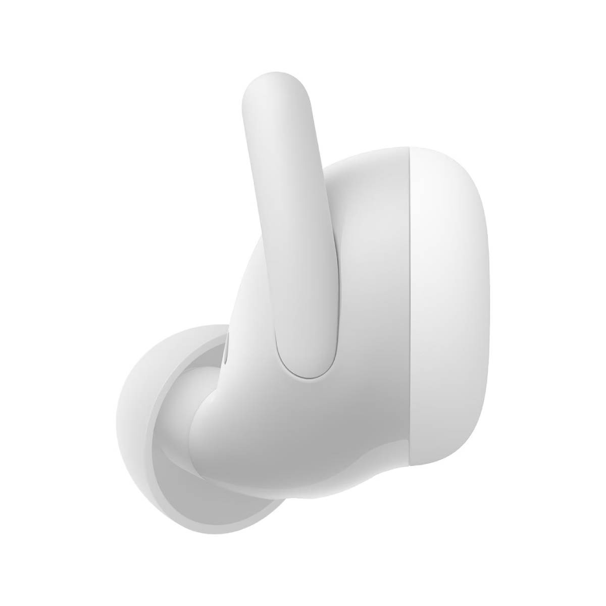 Un auricular blanco, vista lateral, sobre un fondo blanco. Tiene una forma curva con un brazo que sobresale y una punta redondeada para la oreja.