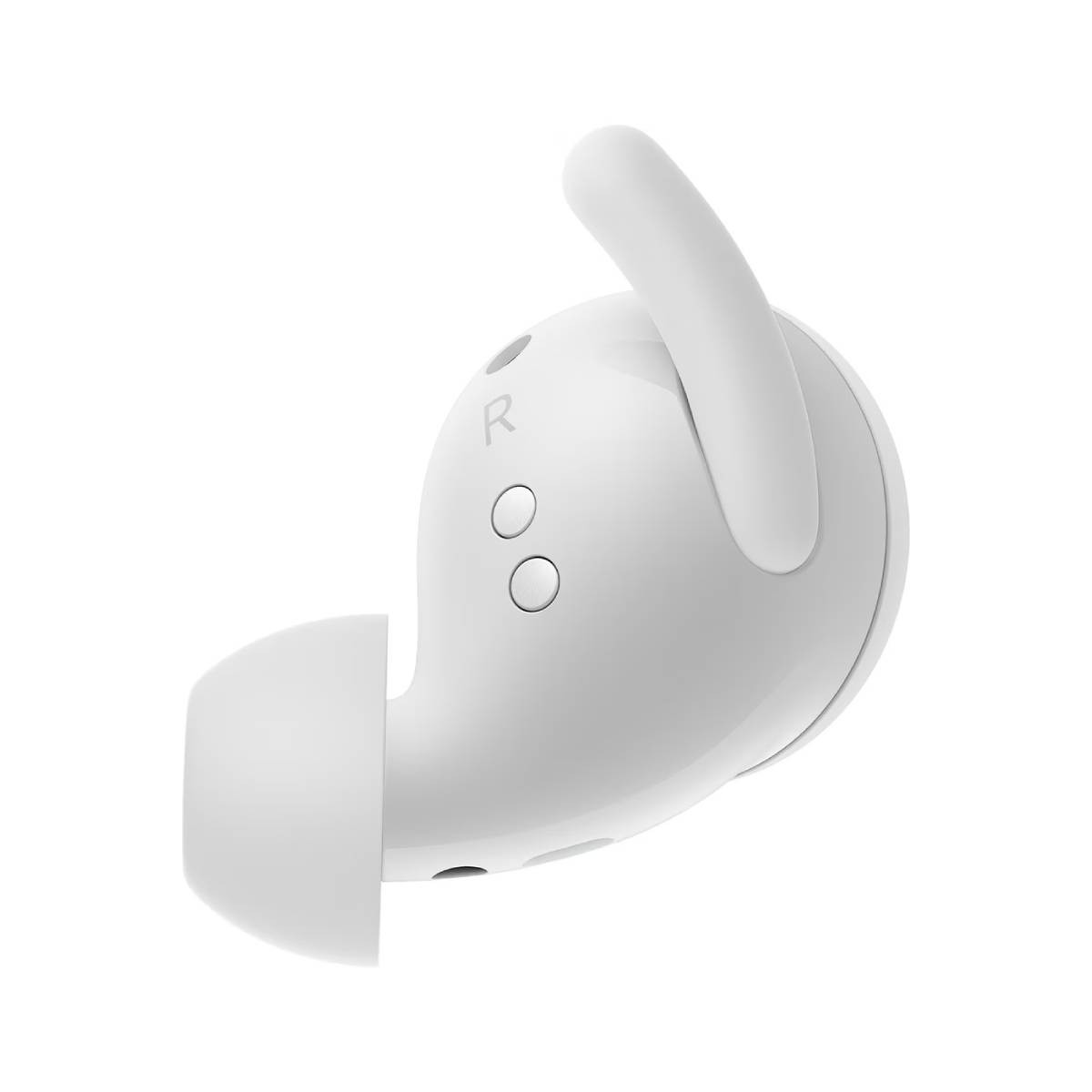 Un auricular blanco, con diseño curvo, con una punta para el oído y un bucle para asegurar. El fondo es blanco liso.