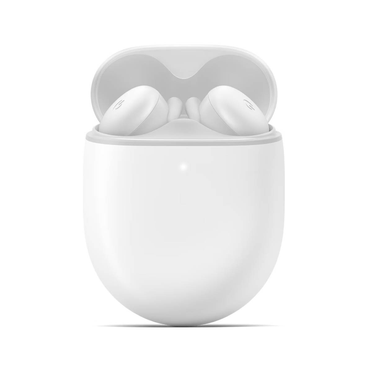 Auriculares inalámbricos blancos en un estuche de carga blanco abierto. Los auriculares son visibles. La funda tiene la base redonda.
