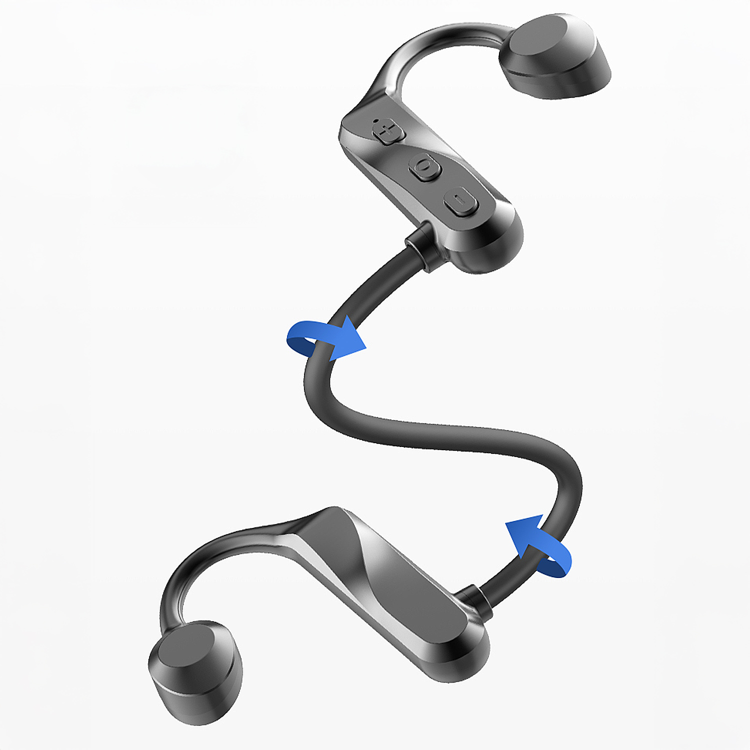 Un'auricolare a conduzione ossea grigia. Ha ganci per le orecchie e un archetto flessibile. Frecce blu indicano i punti di rotazione.