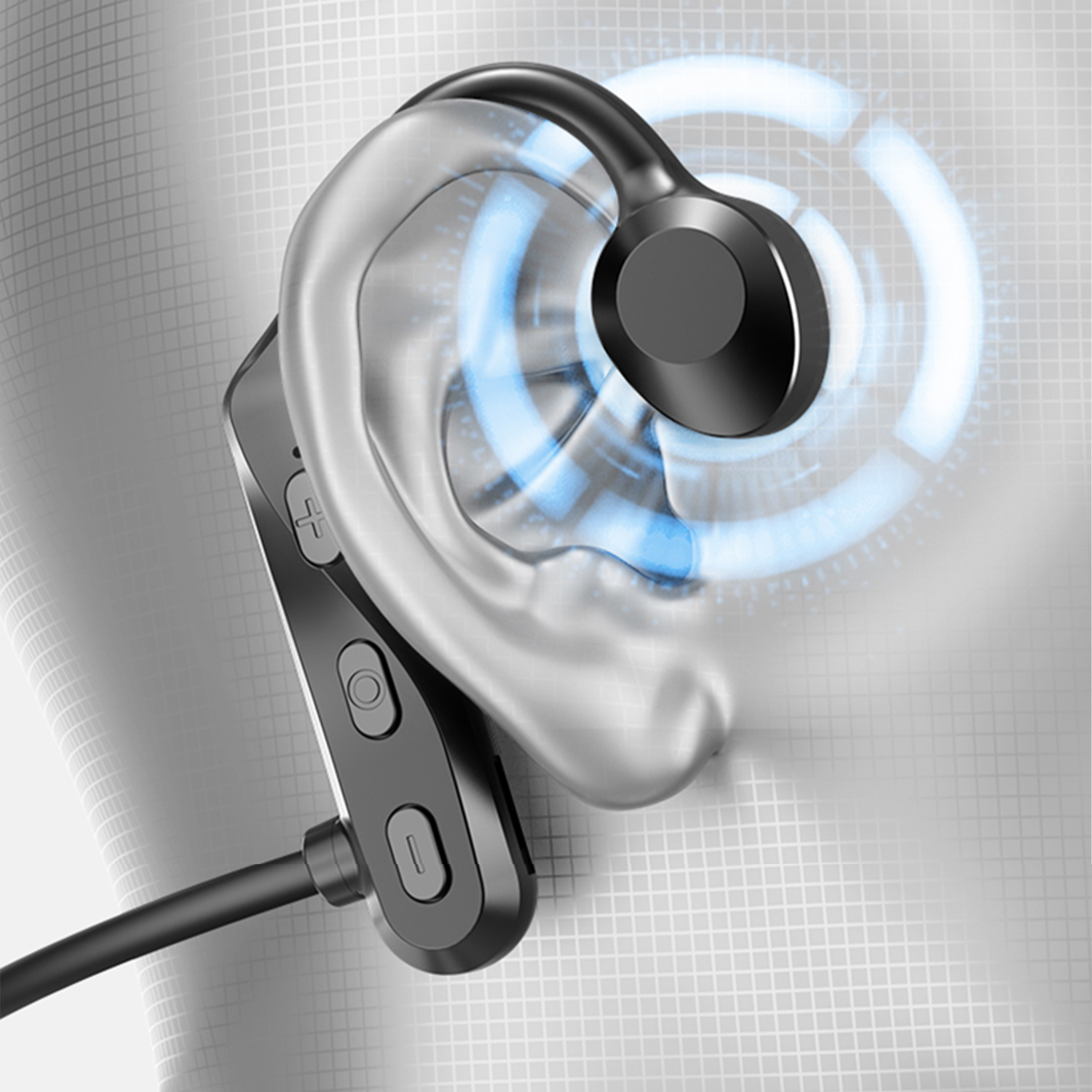 Un auricolare Bluetooth nero è indossato sull'orecchio di una persona. L'orecchio è grigio chiaro. Onde sonore blu emanano dall'auricolare.