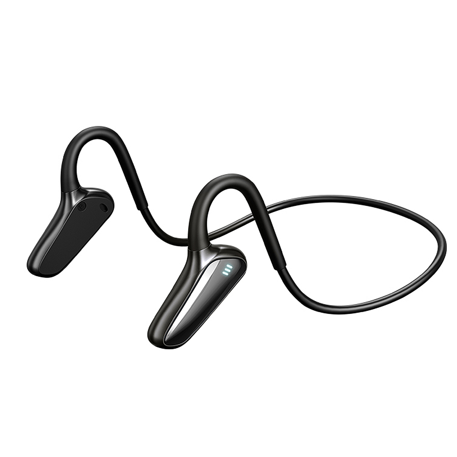 Cuffie a conduzione ossea nere. Hanno ganci per le orecchie e un archetto. Una piccola spia luminosa è su un auricolare.