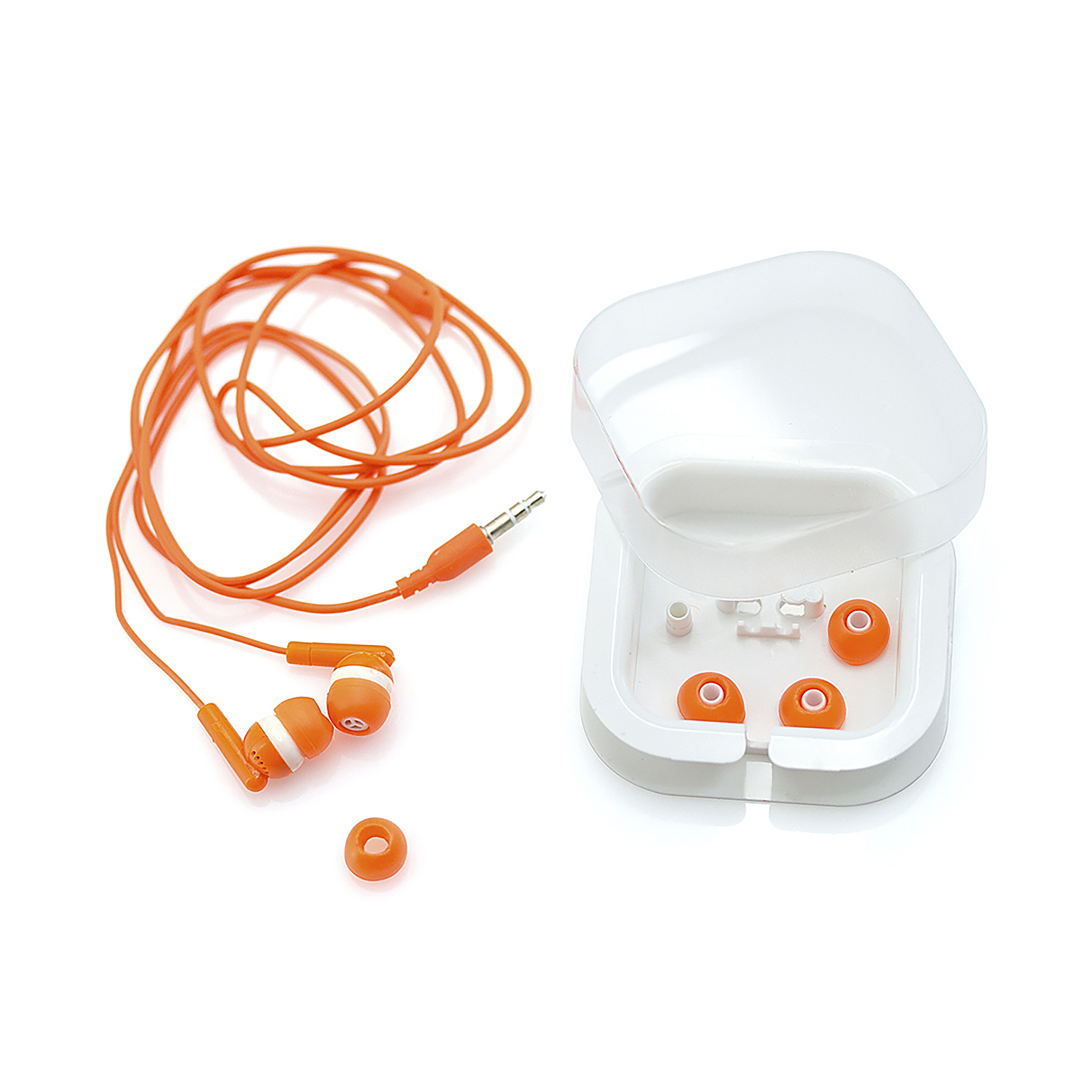 Auricolari arancioni e bianchi con cavo abbinato, gommini e custodia bianca con gommini aggiuntivi su sfondo bianco.
