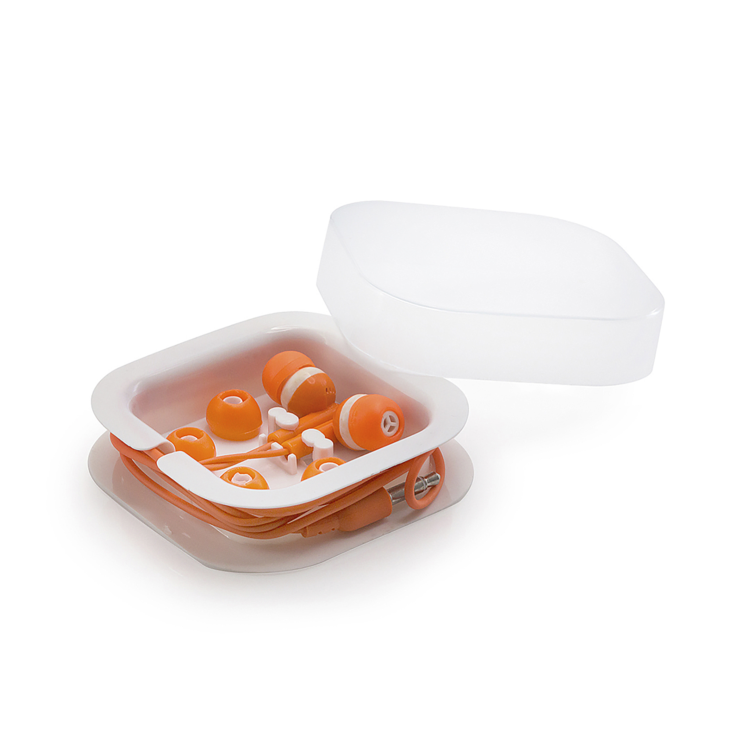 Contenitore aperto con oggetti arancioni e bianchi. Il contenitore è bianco e arancione. Il coperchio è aperto. Lo sfondo è bianco.