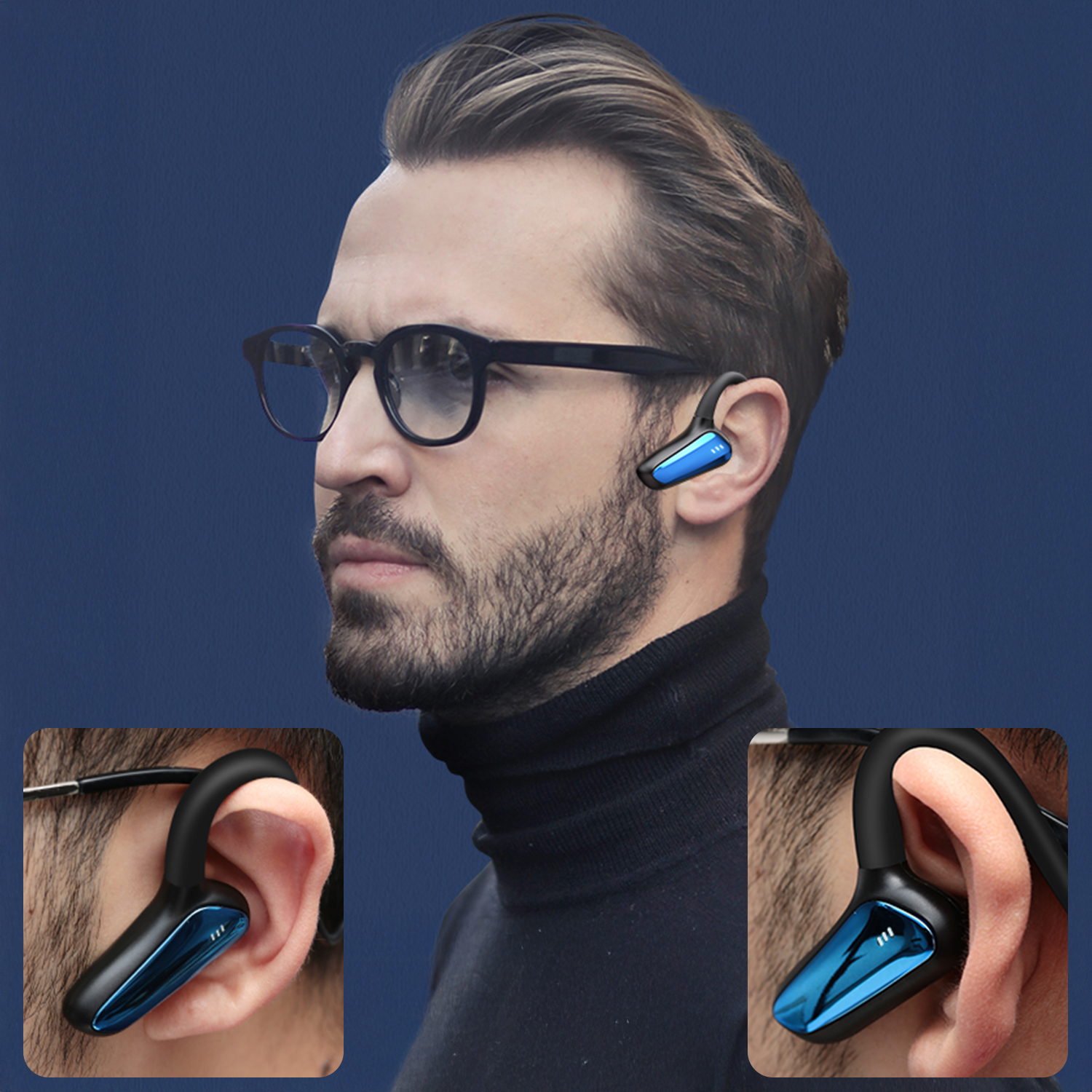 Un uomo con gli occhiali e un dolcevita nero ha un auricolare blu e nero nell'orecchio. Due primi piani mostrano l'auricolare.