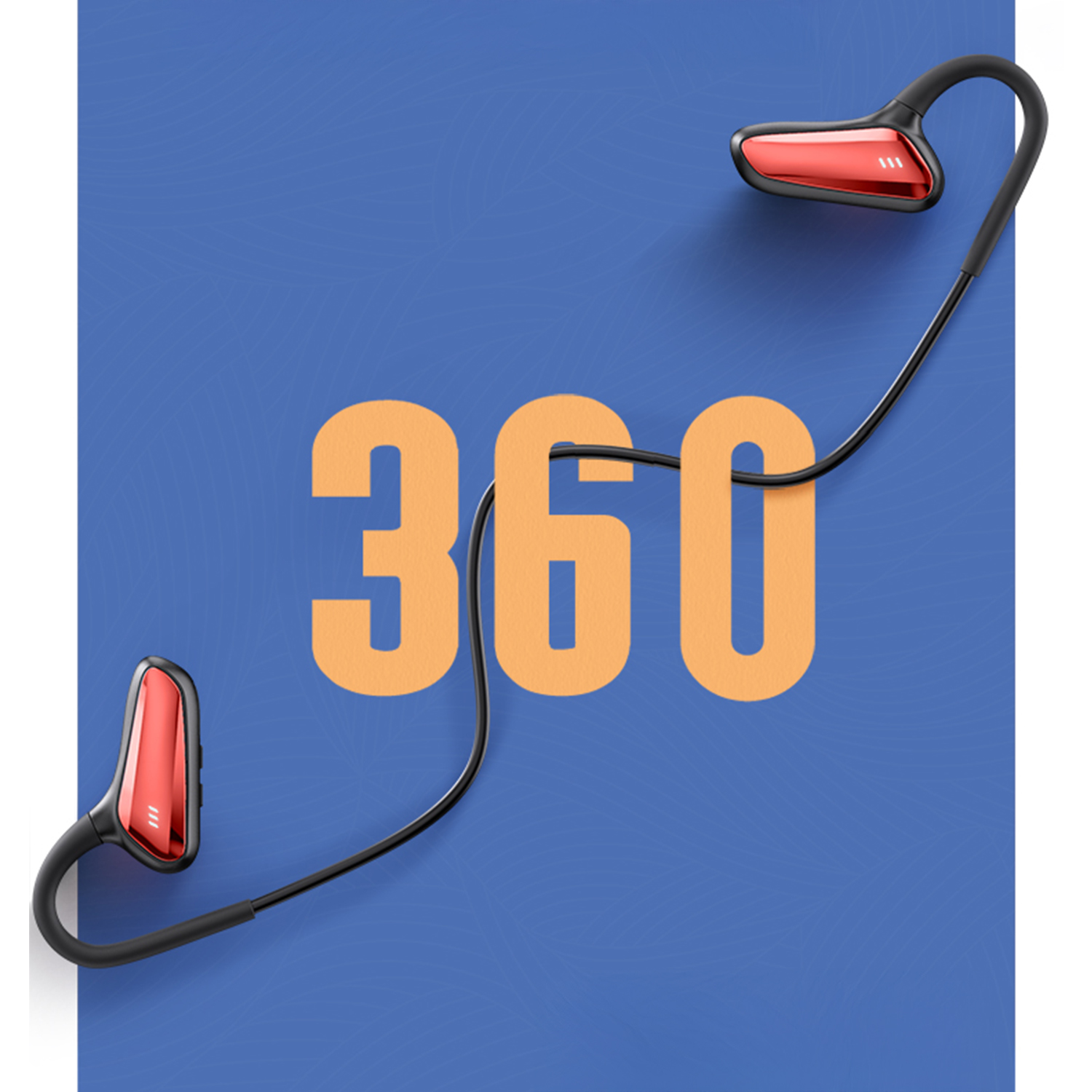 Auricolari su sfondo blu con la parola 360 in arancione. Gli auricolari sono rossi e neri.
