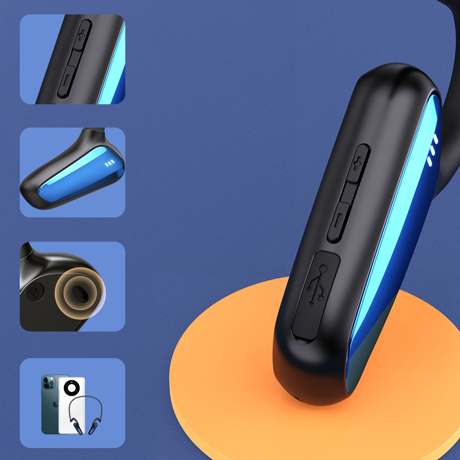 Cuffie wireless nere e blu su una piattaforma arancione. I dettagli mostrano pulsanti, porta USB e spie di stato di carica. Immagini aggiuntive mostrano dettagli.
