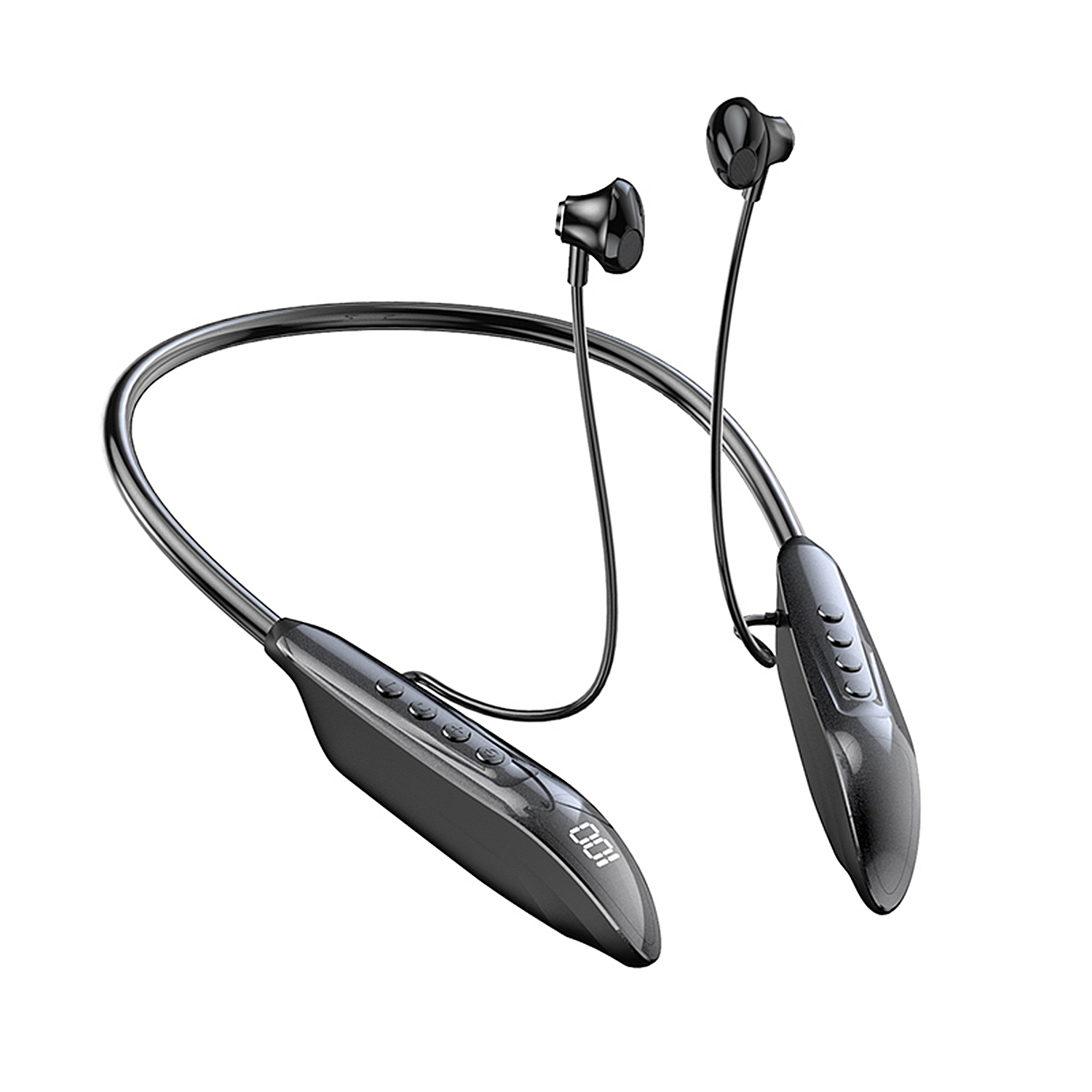 Cuffie a fascia da collo wireless nere. Due auricolari sono collegati da fili sottili. La fascia ha un display con numeri.