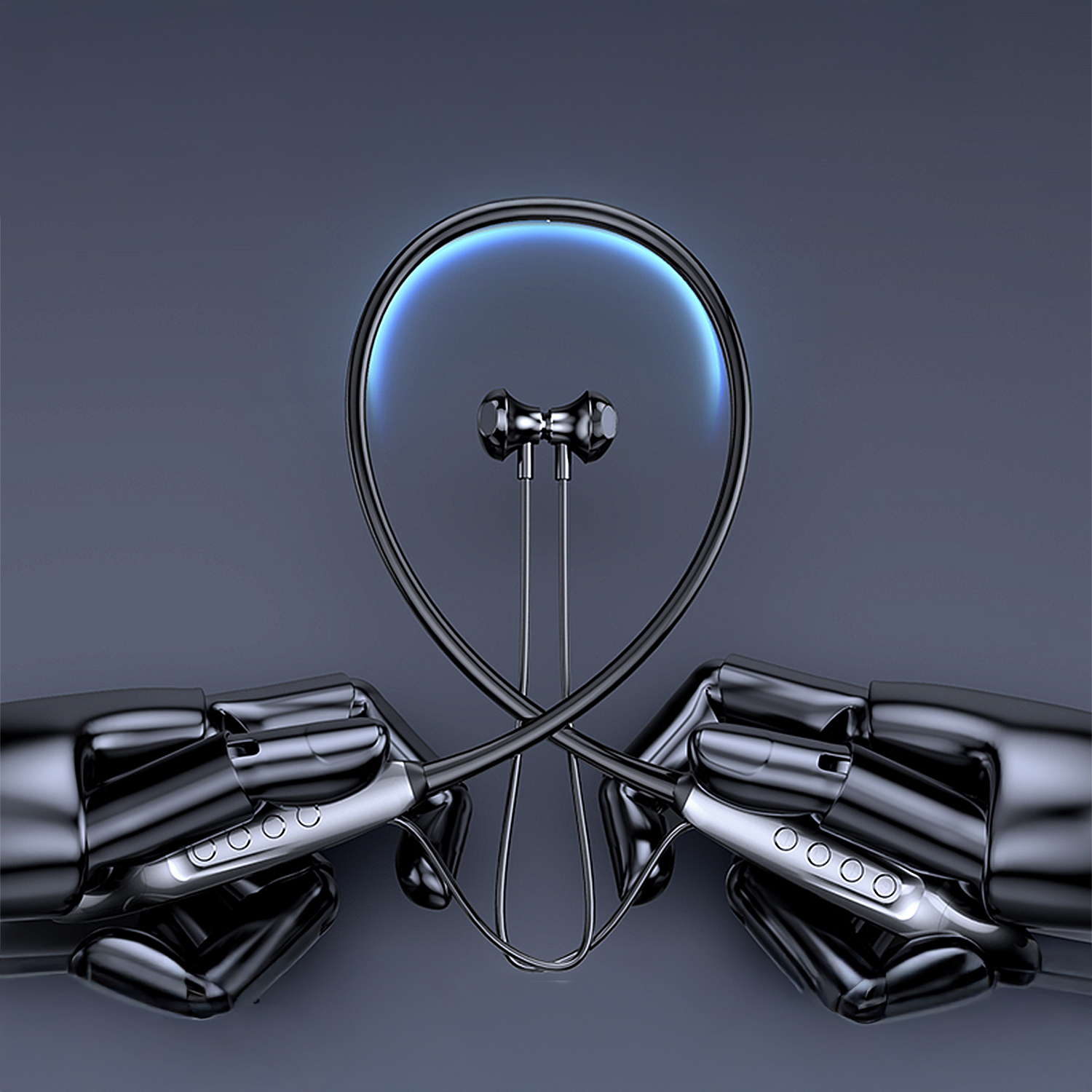 Cuffie tenute da mani robotiche. Mani scure e lucide che accarezzano le cuffie. Design nero e argento con sfondo blu.
