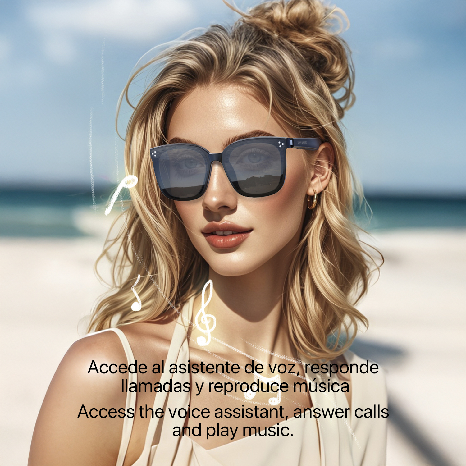 Donna bionda con occhiali da sole sulla spiaggia. Il testo promuove l'assistente vocale, le chiamate e la musica.