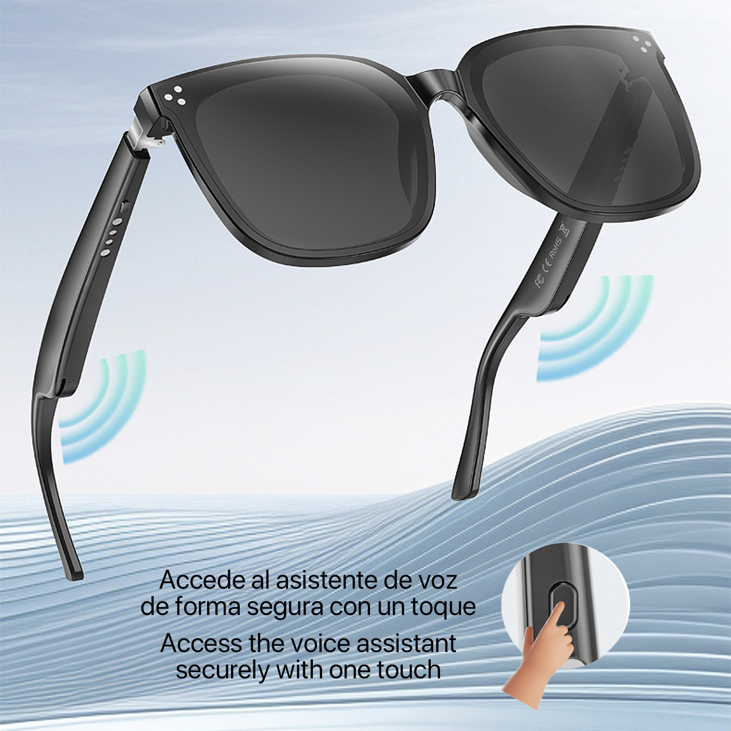 Occhiali da sole neri dal design elegante. Testo: Accedi all'assistente vocale in modo sicuro con un tocco. Una mano preme un pulsante.