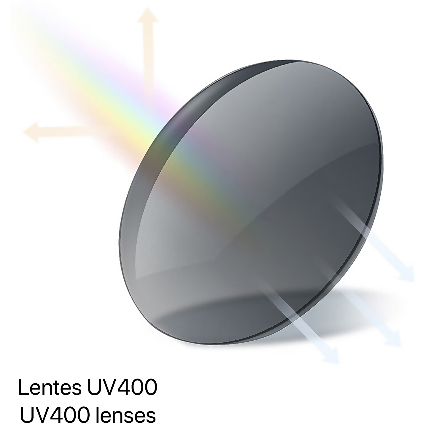 Una lente grigia con luce arcobaleno, frecce e la scritta 'lenti UV400'. La lente è ovale, con raggi di luce che ne escono.