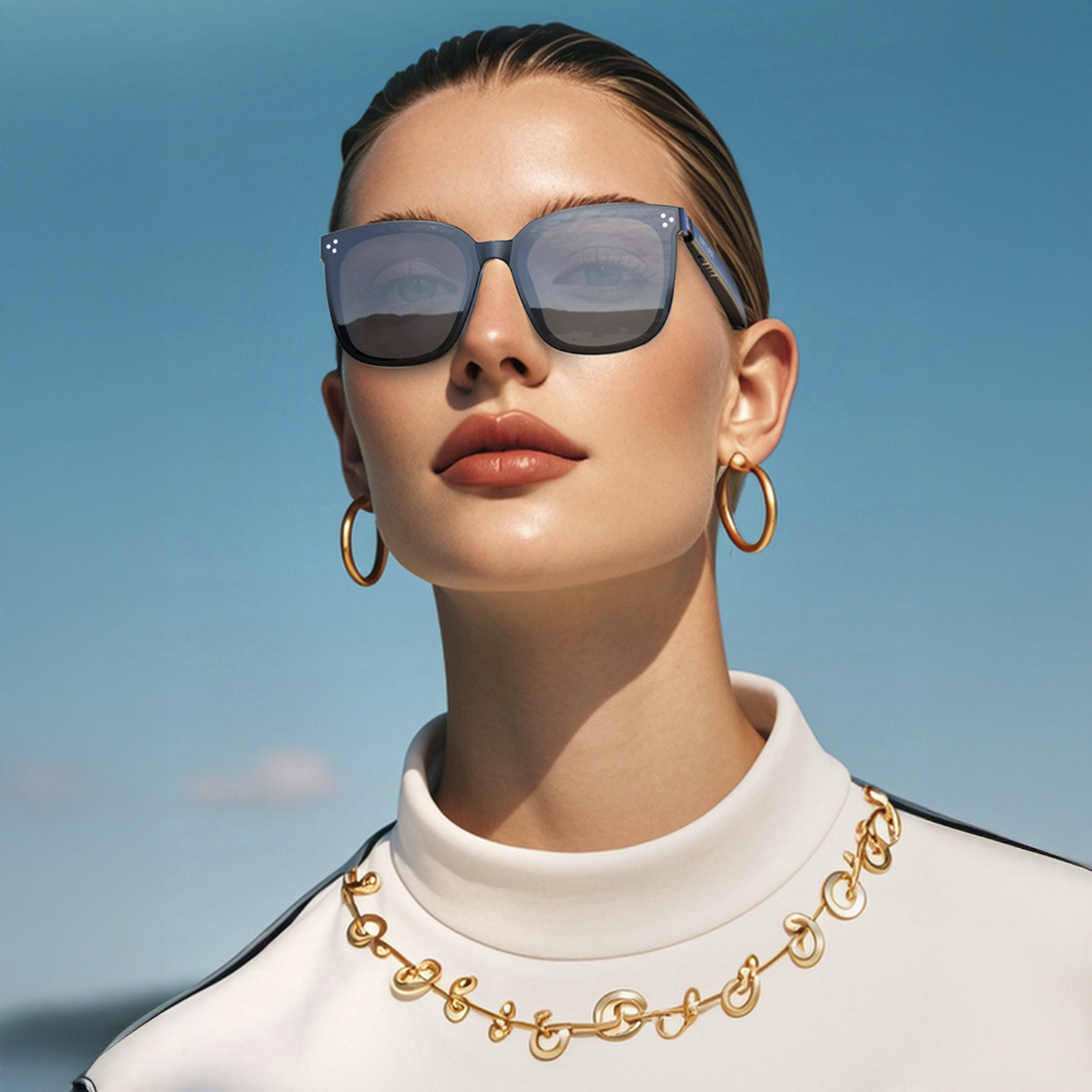 Una donna con occhiali da sole, gioielli d'oro e un dolcevita bianco. Sfondo cielo blu.