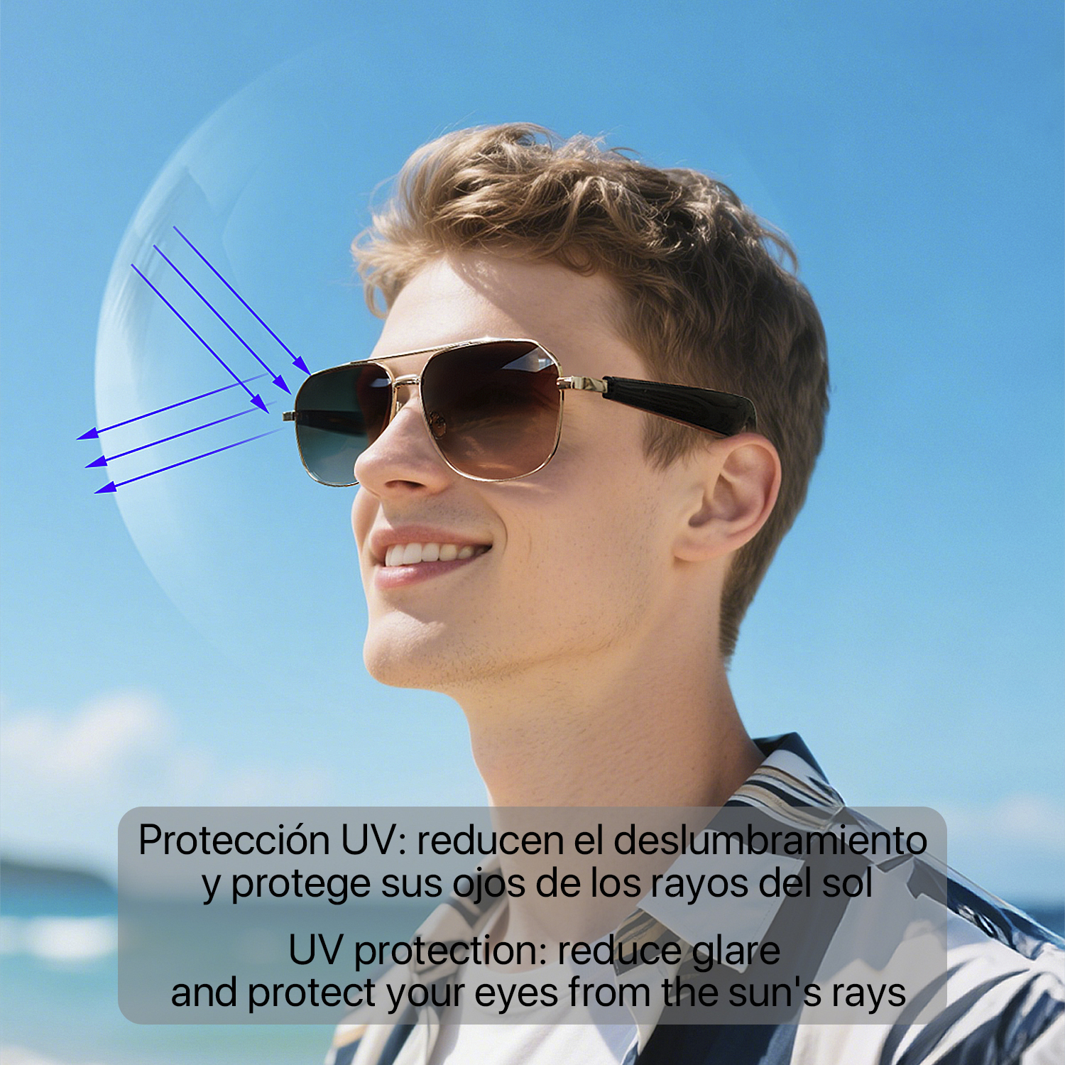 Un uomo con occhiali da sole sorride sotto un cielo blu, con frecce che indicano protezione UV. Il testo spiega i vantaggi.