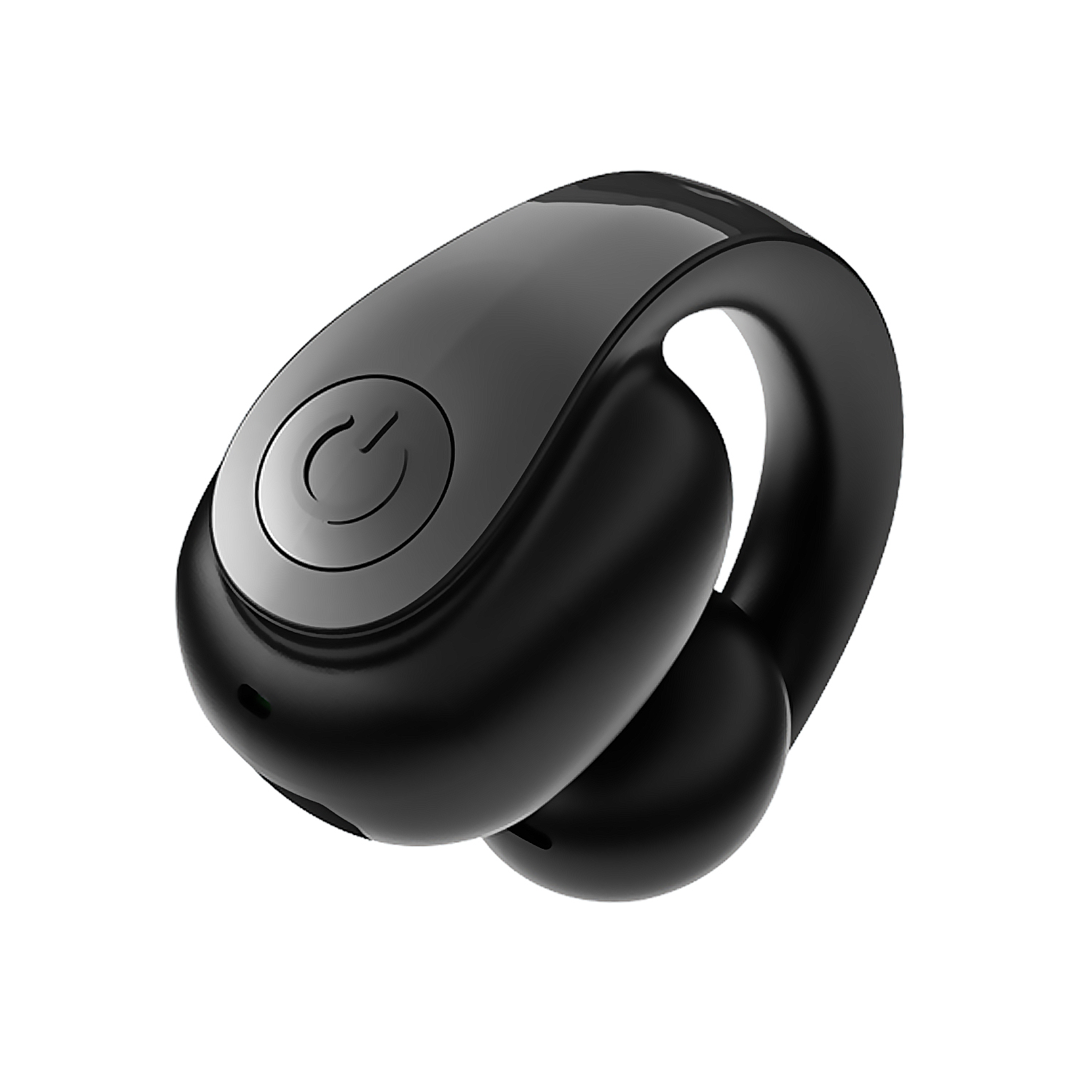 Un auricolare wireless nero, dal design curvo, presenta un pulsante di accensione. Lo sfondo è bianco.
