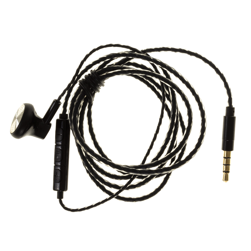 Auricolari neri con cavo aggrovigliato e jack da 3,5 mm. Gli auricolari hanno dettagli argentati.