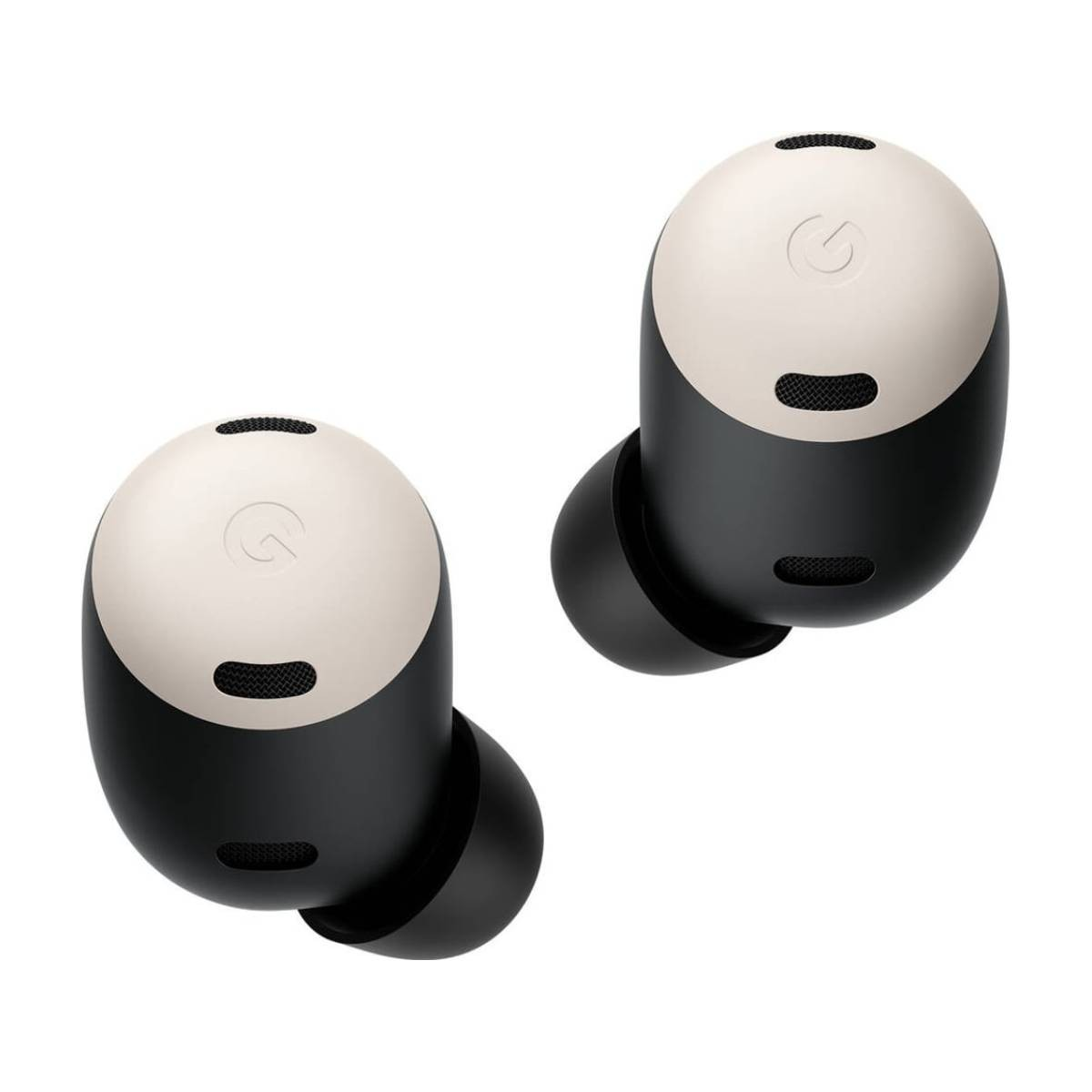 Due auricolari wireless. Ognuno ha una parte superiore di colore chiaro con un logo e un corpo scuro. Lo sfondo è bianco.