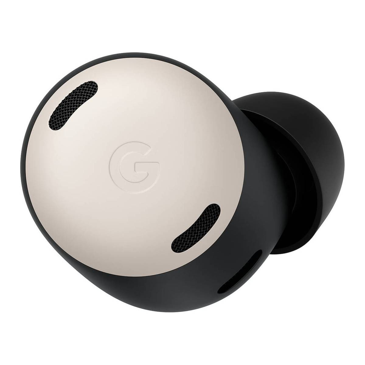 Un primo piano di un Google Pixel Buds Pro. Ha un corpo nero con un disco colorato chiaro con un logo 'G'. Sono visibili due fori di ventilazione a rete nera.