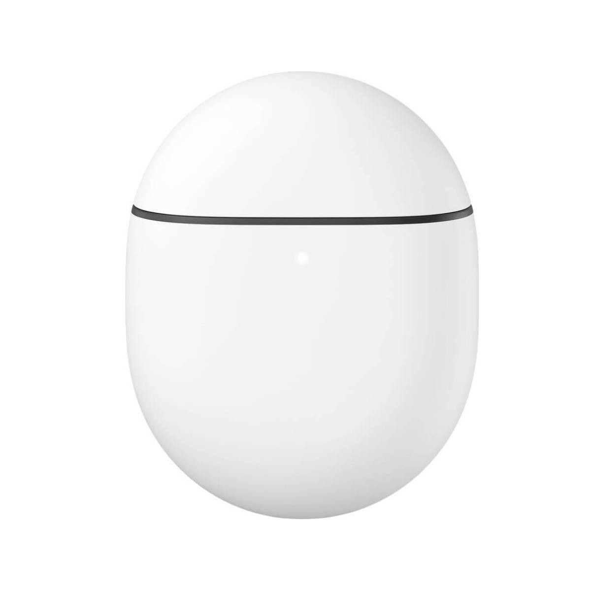 Un oggetto bianco, ovale, con una linea nera al centro. Ha una superficie liscia e un piccolo punto davanti.