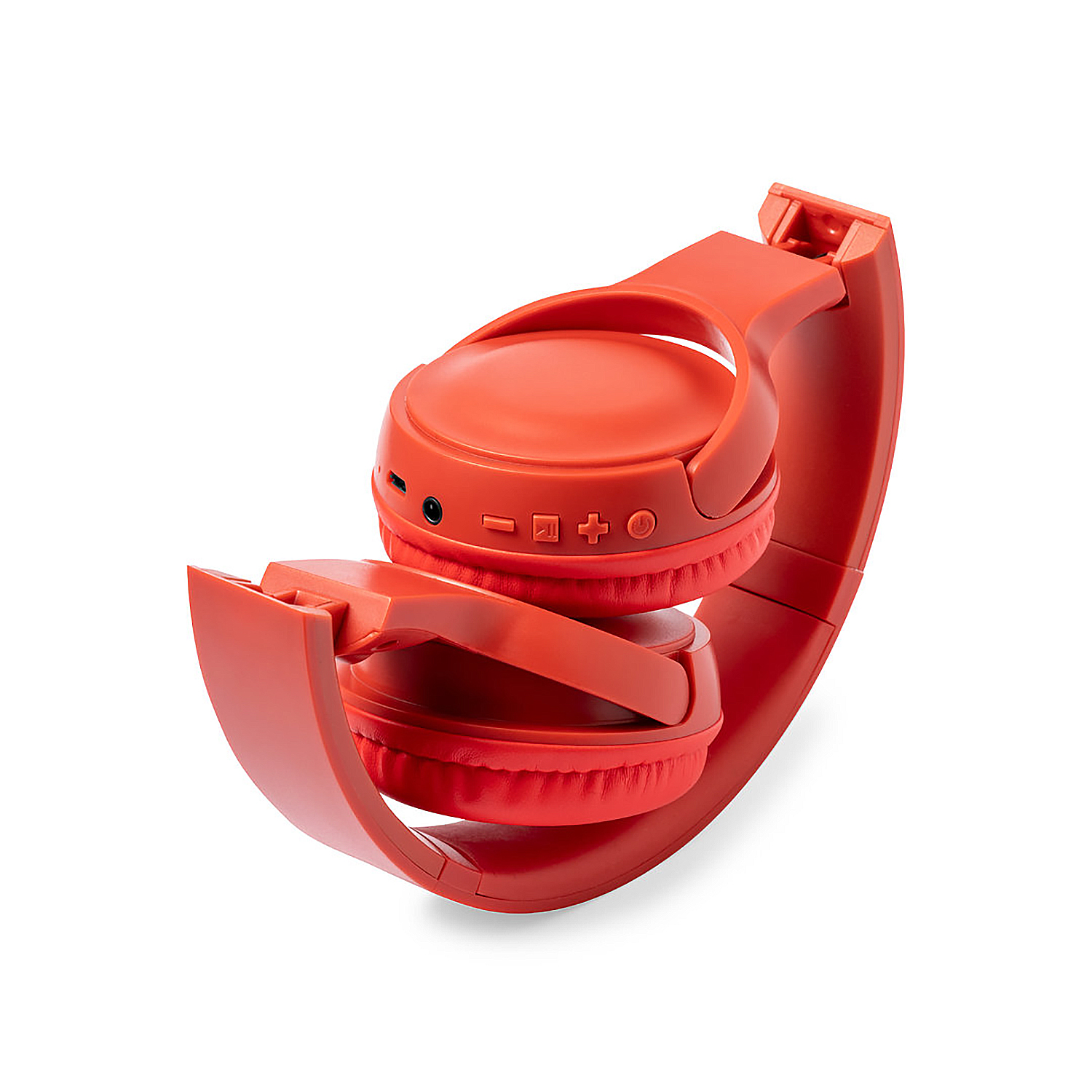 Cuffie wireless rosse, piegate. Pulsanti e porte visibili. Lo sfondo è bianco.