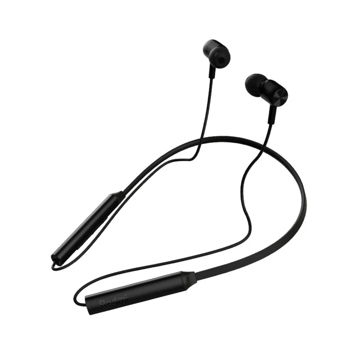 Auricolari wireless Redmi neri su sfondo bianco. Gli auricolari hanno un archetto e due auricolari. Il logo è visibile.