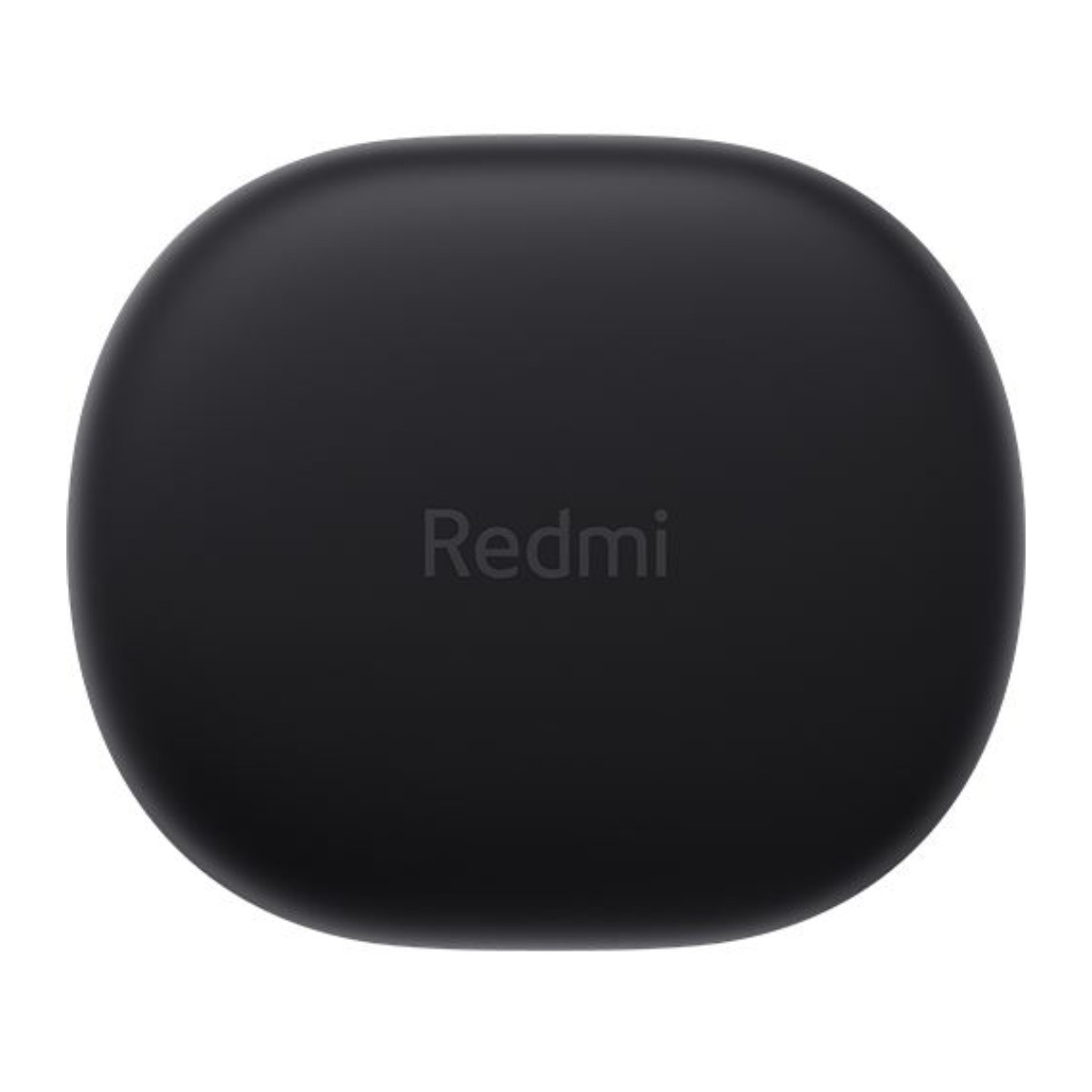 Primo piano di un oggetto nero a forma ovale con 'Redmi' scritto sopra. L'oggetto sembra essere una custodia per auricolari.